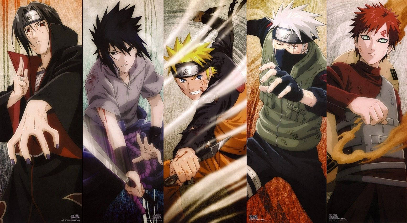 Sasuke, Naruto, Kakashi și Gaara arătându-și puterile sau chakra. — Naruto Fundal