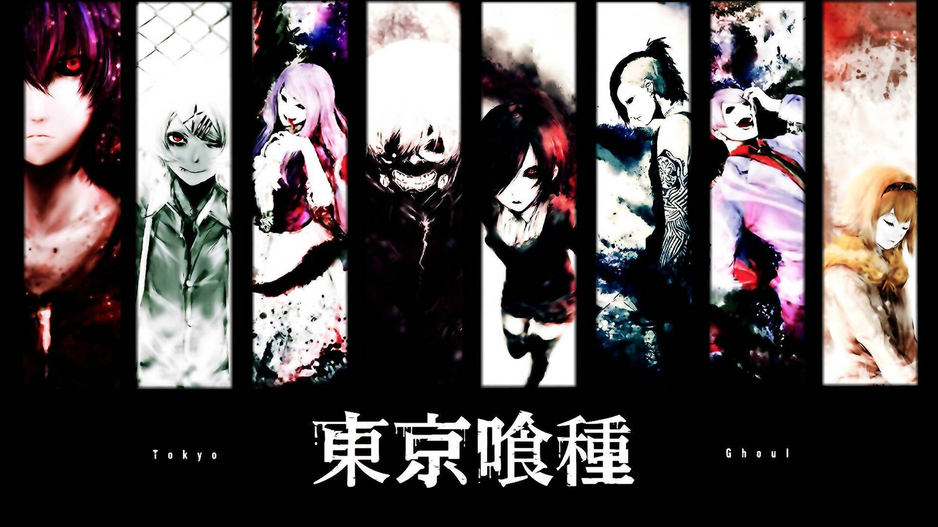 Personaje Tokyo Ghoul cu text japonez Fundal