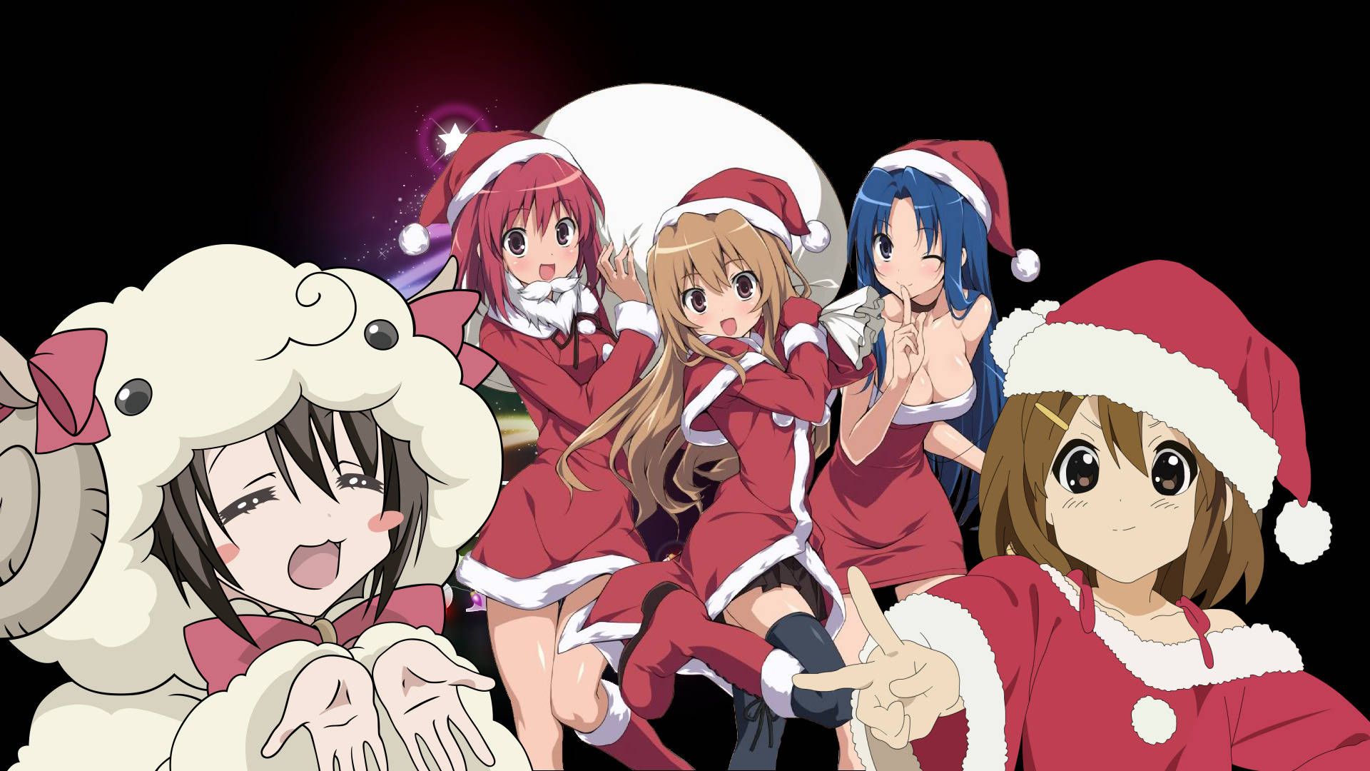 Personaje Toradora în rochii roșii și căciuli de Moș Crăciun Fundal