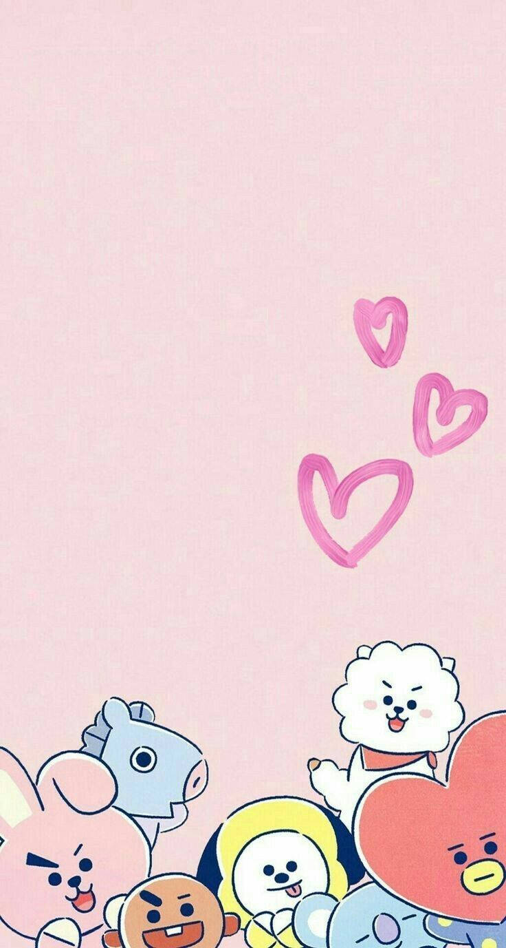 Personajele adorabile BT21 cu contur de inimioare Fundal