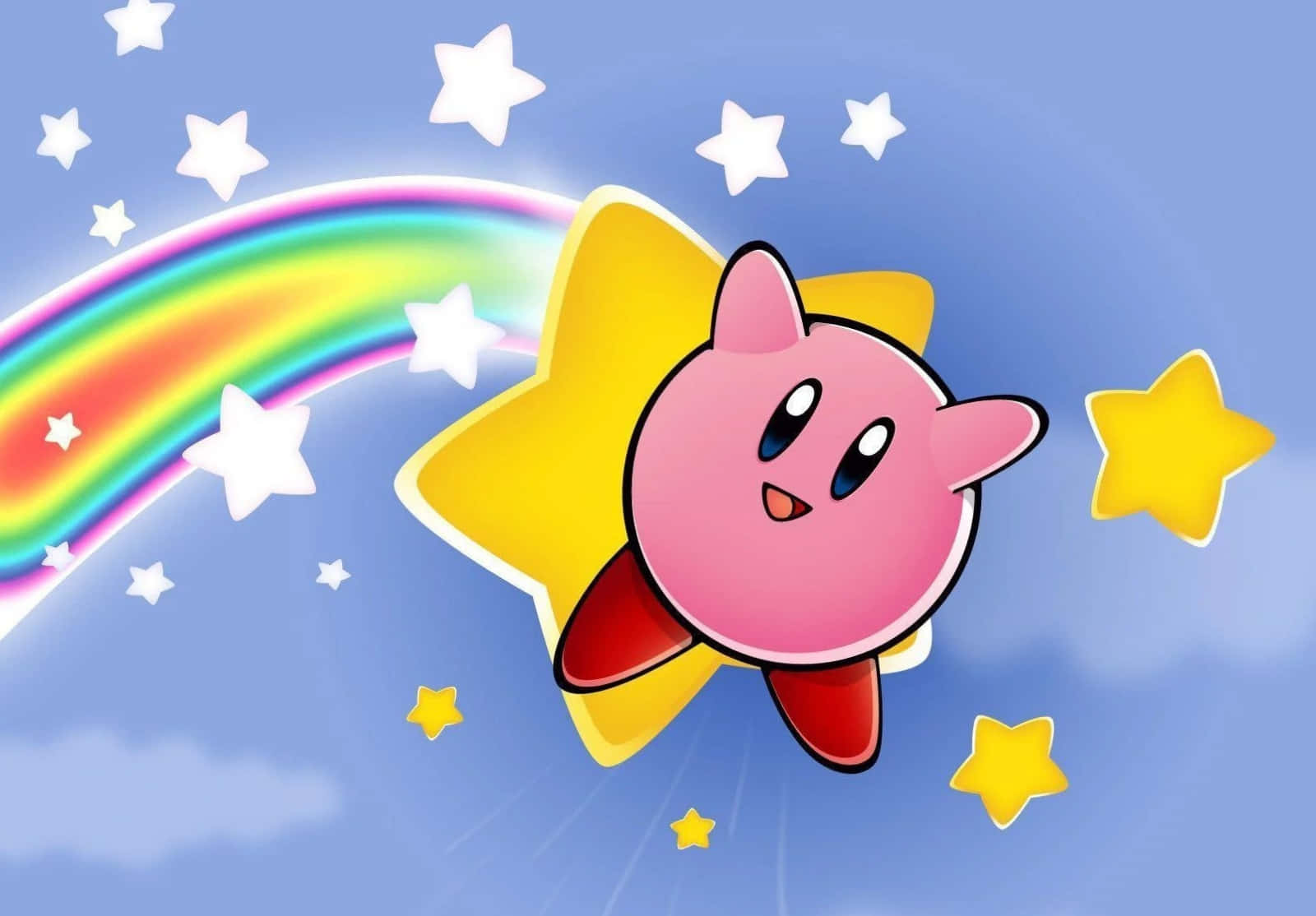 Personajul de desene animate Kirby zburând printr-un peisaj viu colorat Fundal