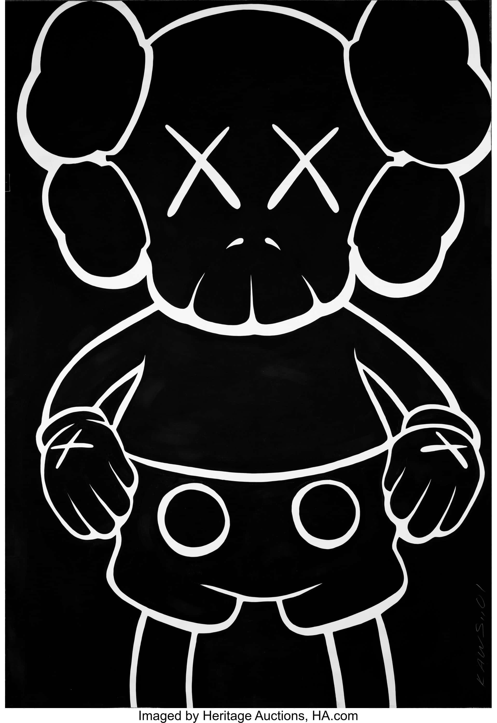 Personajul iconic KAWS Companion arătând în sus pe un cer albastru Fundal