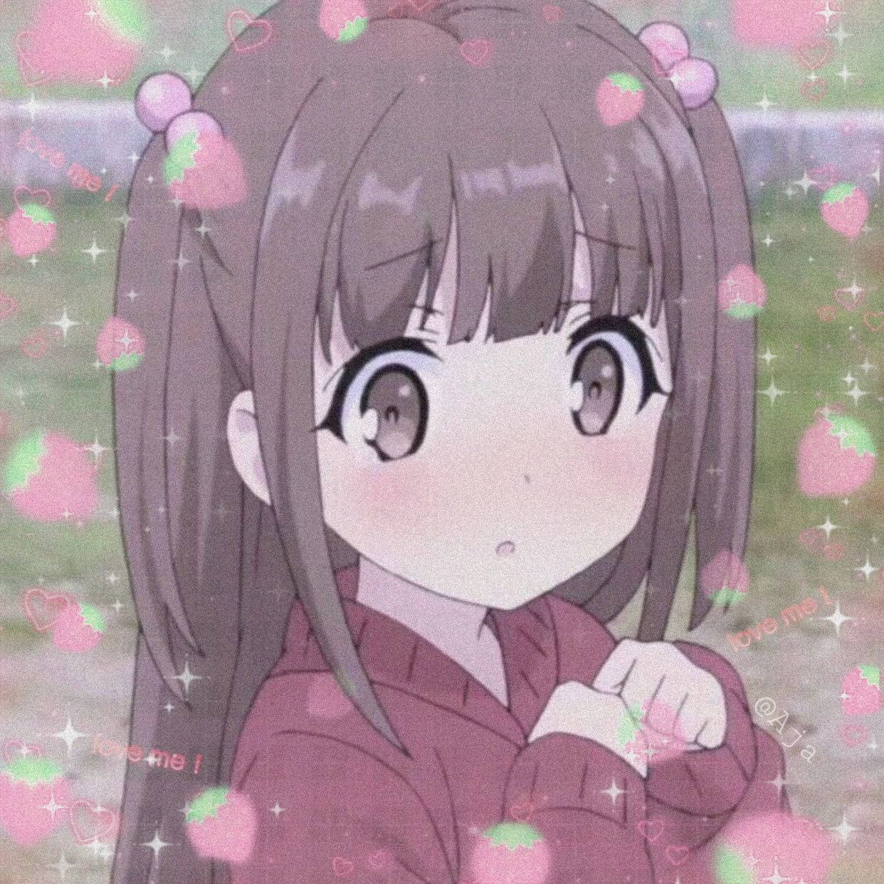 PFP Fata Anime Drăguță Onnanoko Căpșuni și Inimi Fundal