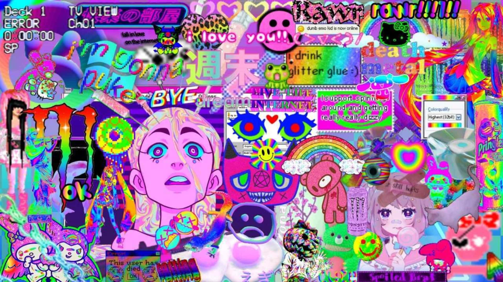 Pfp Weirdcore cu sloganuri și logo-uri Fundal