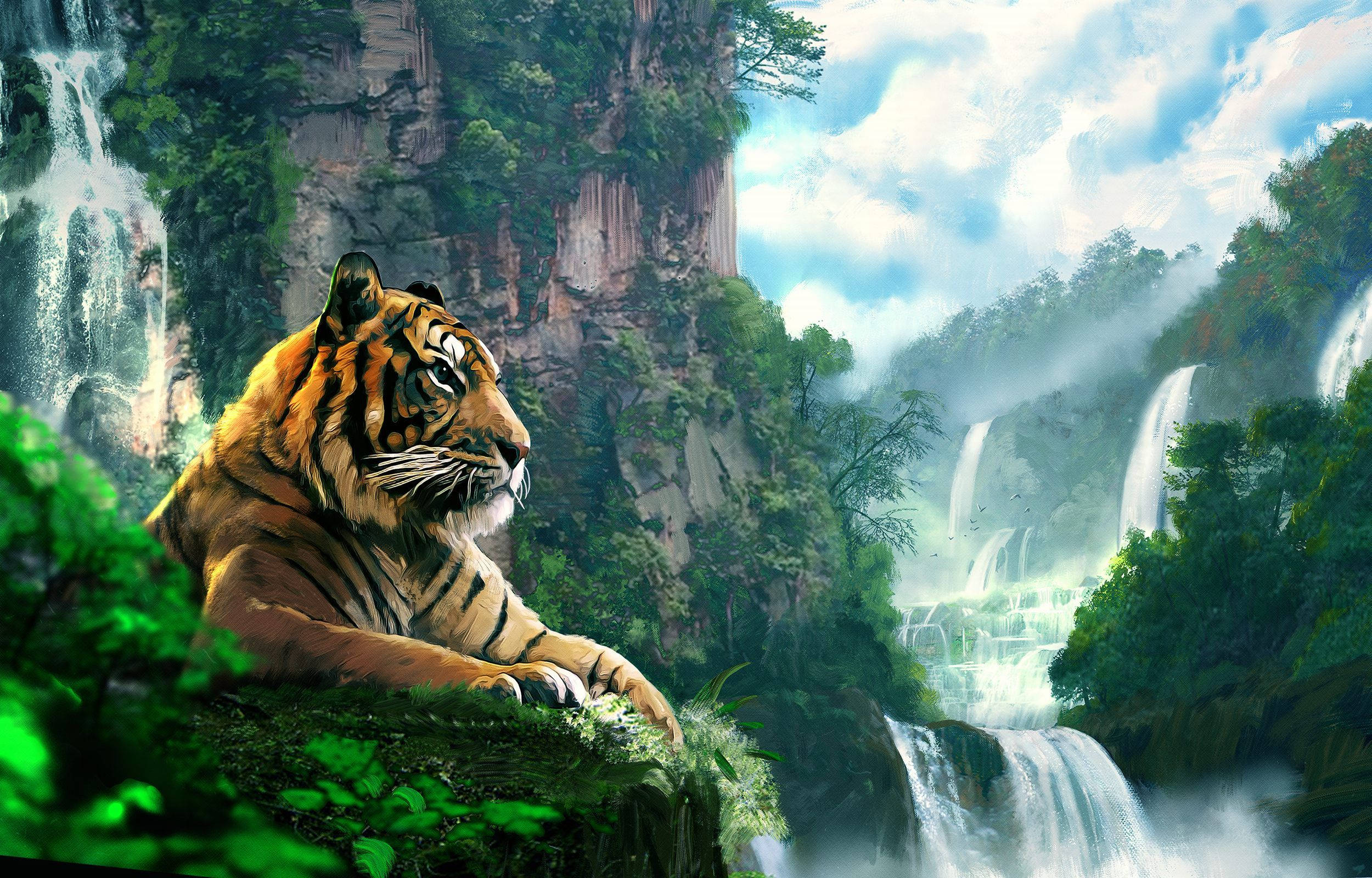 Pictură cu Tigru lângă Cascade Fundal