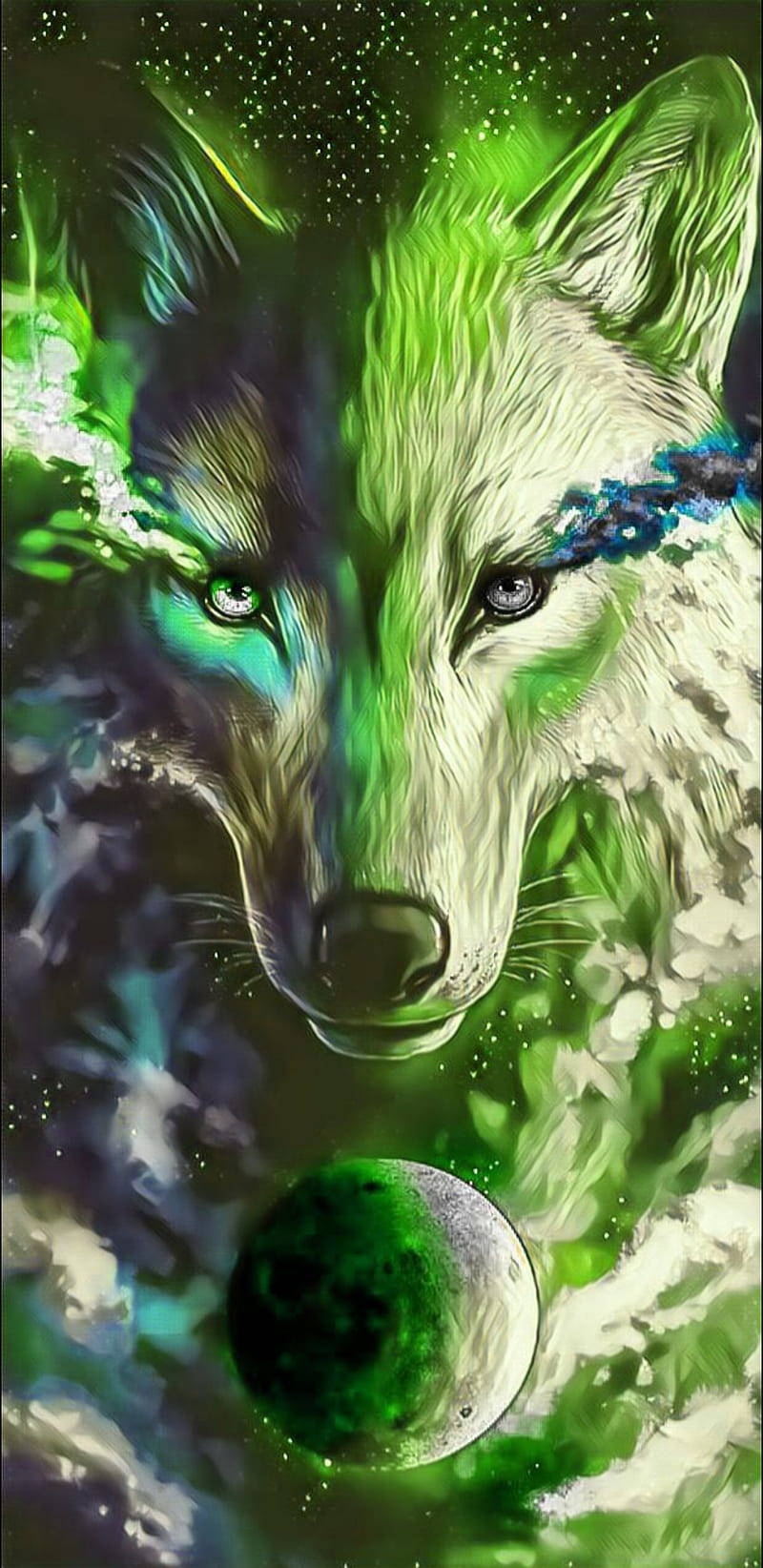 Pictura verde cool cu galaxie si lup Fundal