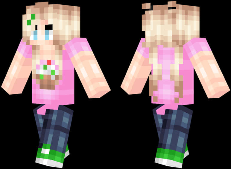 Piele Minecraft Fată cu Bluză Roz și Blugi Albaștri Fundal