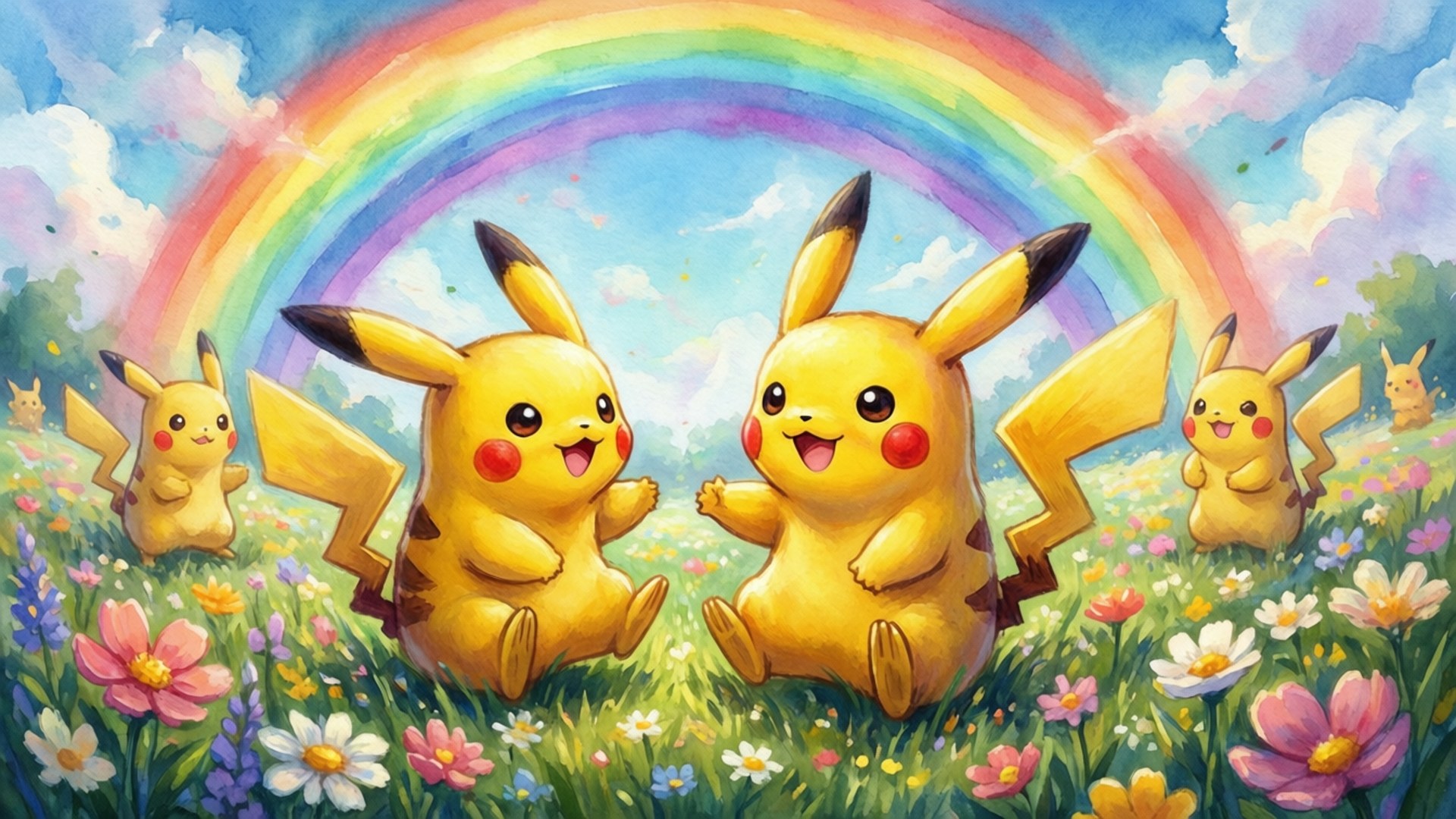 Pikachu în câmpul cu flori Fundal