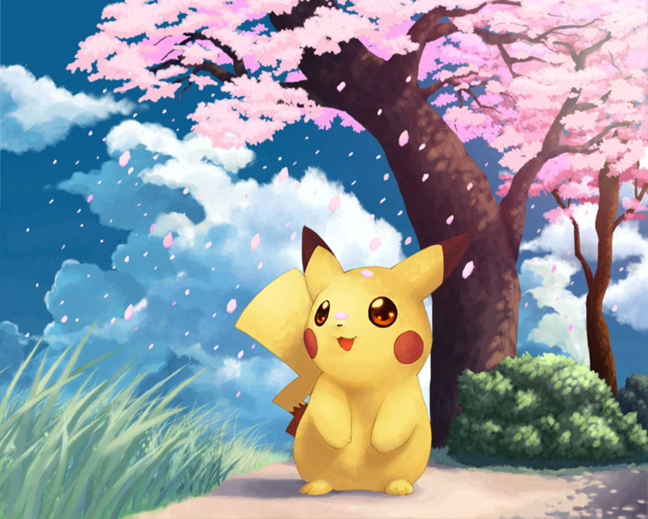 Pikachu printre florile de cireș Fundal