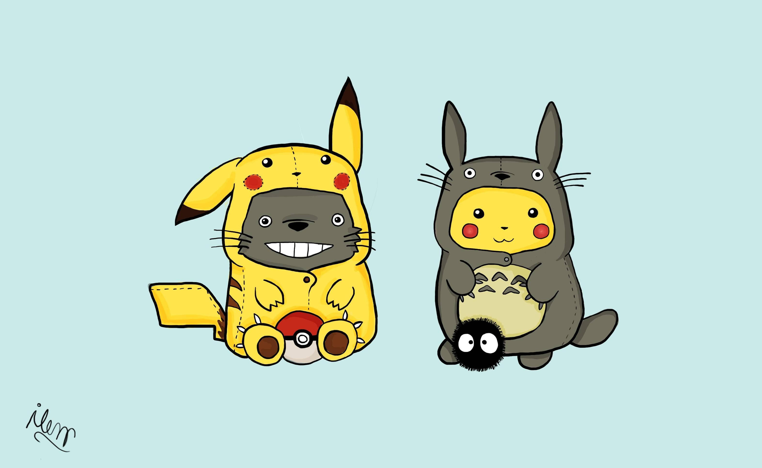 Pikachu și Totoro se îmbrățișează Fundal