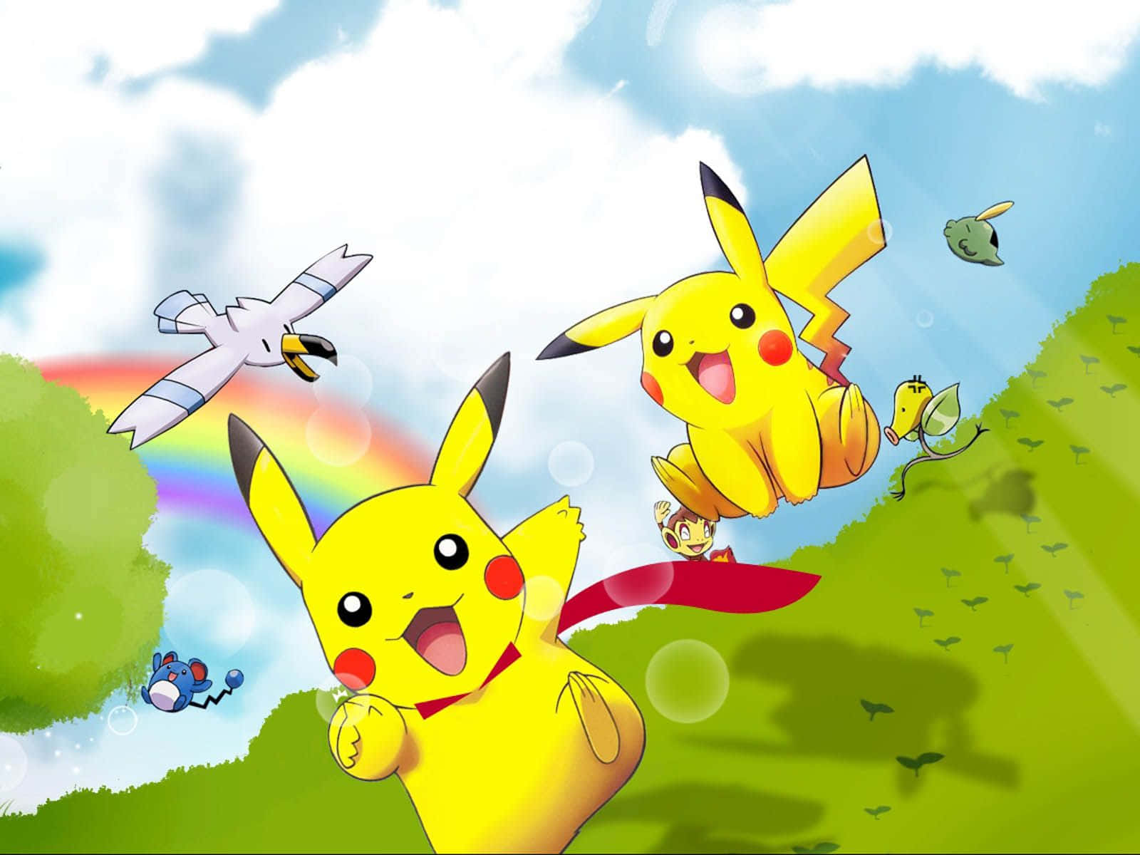 Pikachu ținut în brațe pe un cer roz Fundal