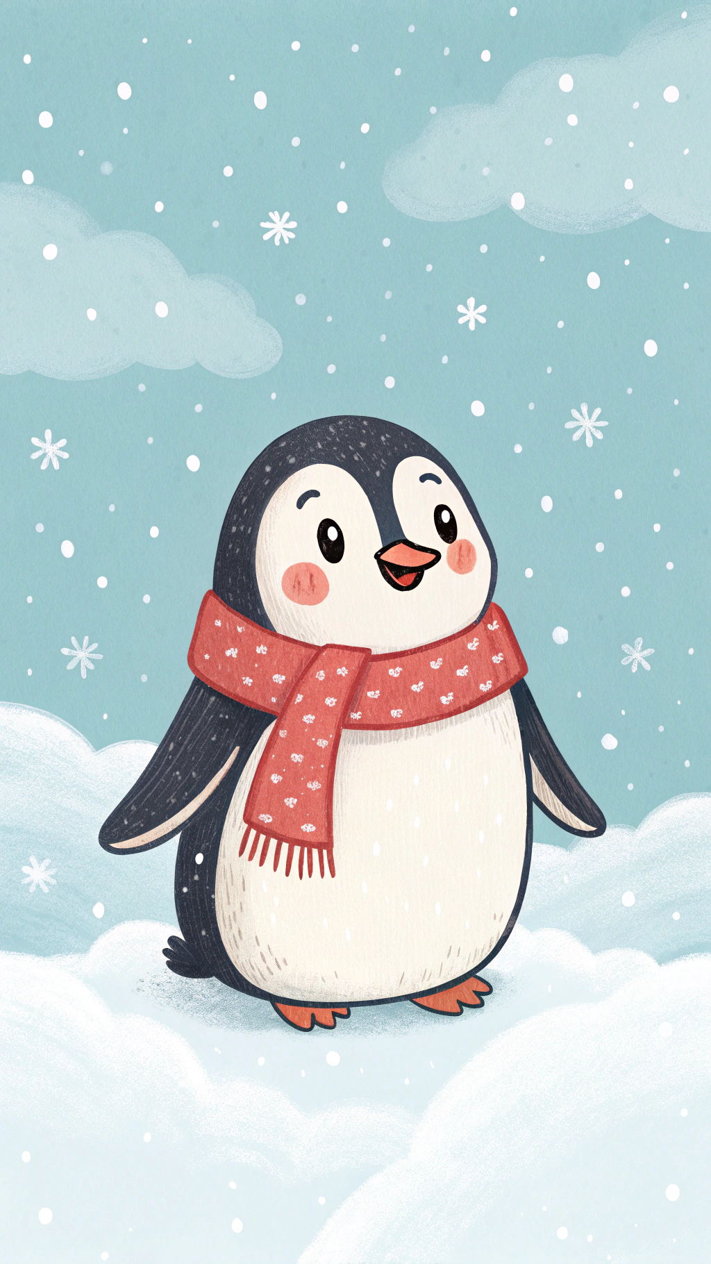 Pinguin drăguț cu eșarfă roșie în zăpadă Fundal