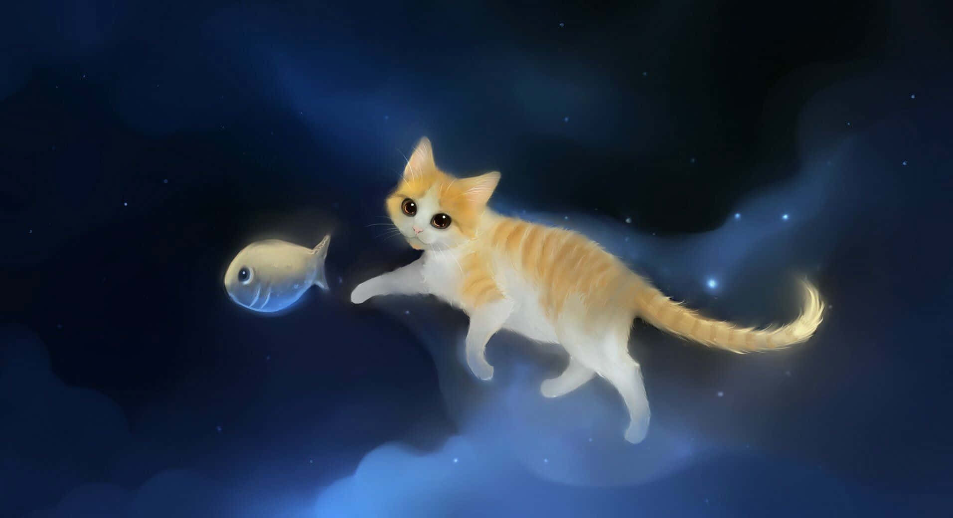 Pisică anime adorabilă se jucând cu un fluture Fundal
