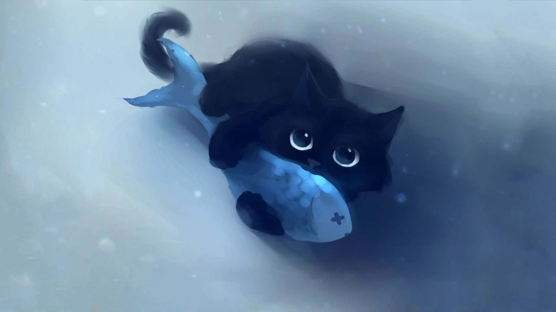 Pisică anime kawaii îmbrățișând un pește Fundal