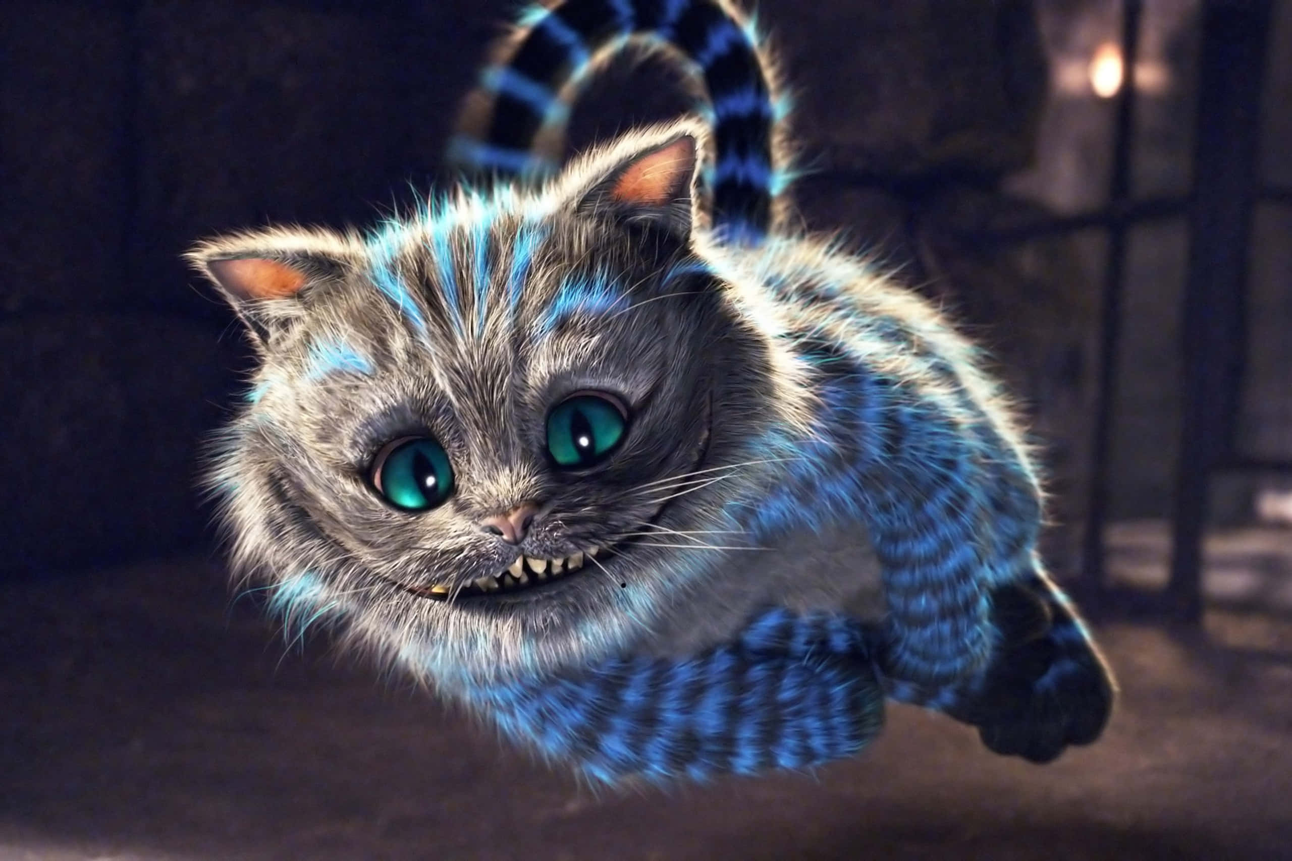 Pisica Cheshire magică privind intens spre Alicea uluită Fundal