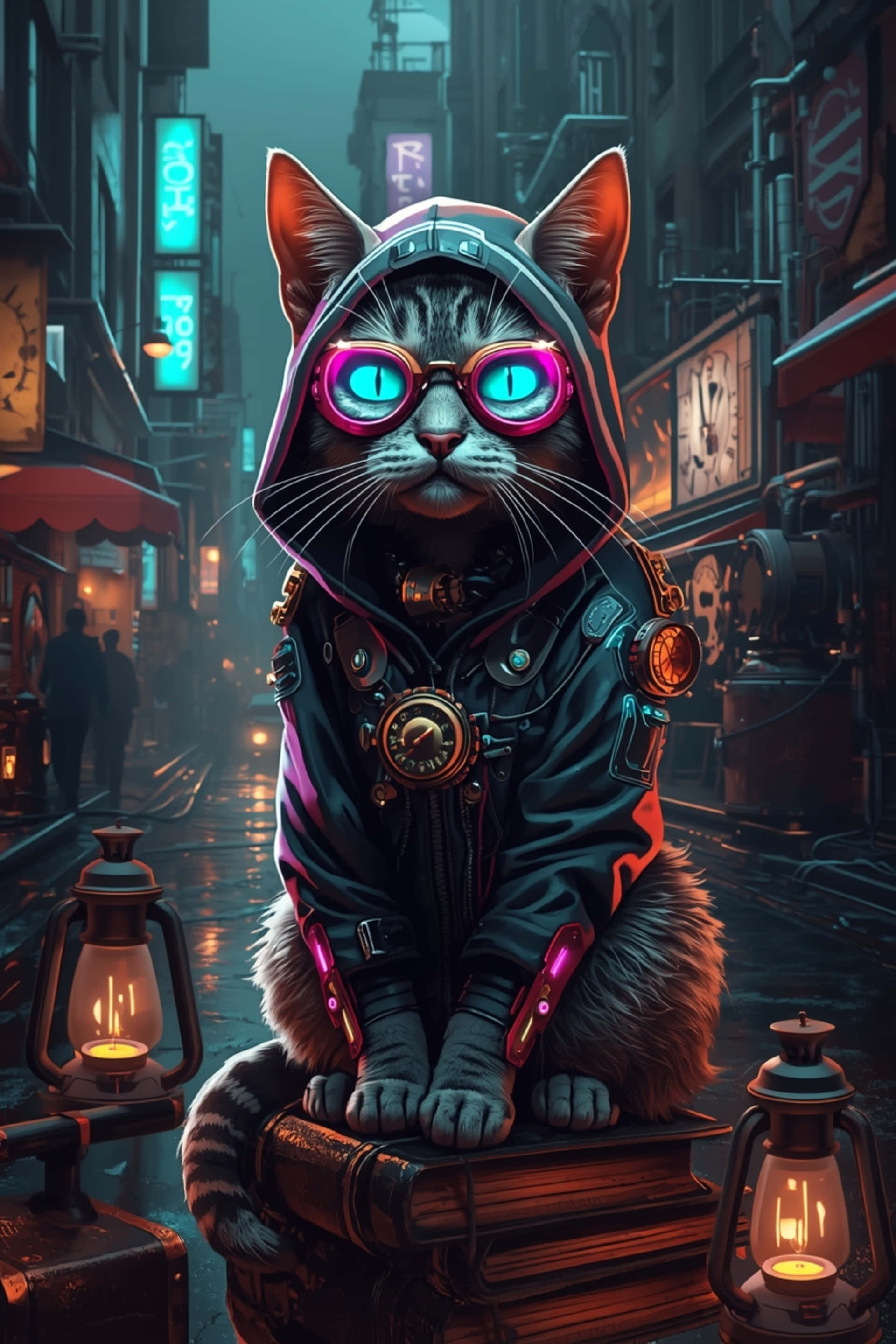 Pisică Cyberpunk Steampunk cu Ochelari Neon și Hanorac Tech Fundal