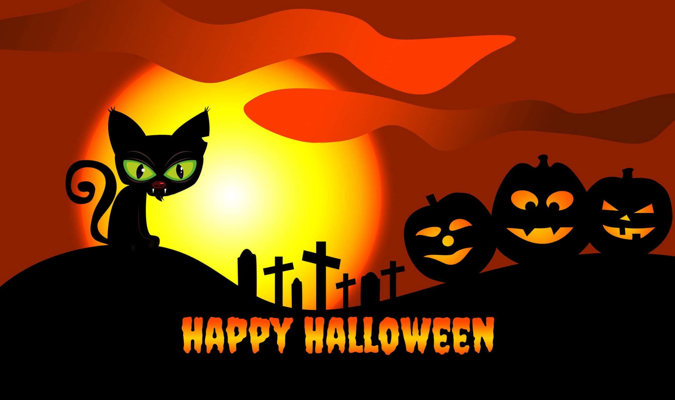 Pisică de desen animat de Halloween cu dovleci la cimitir Fundal