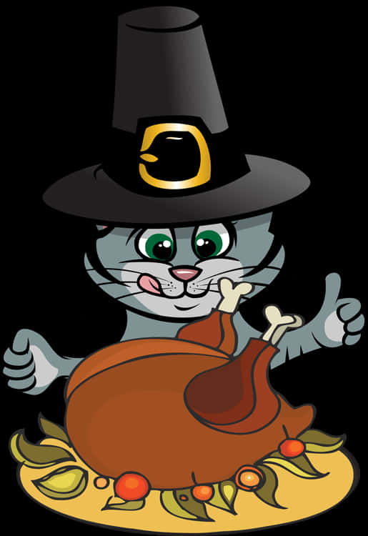 Pisică de Thanksgiving cu Curcan și Pălărie de Pelerin Fundal