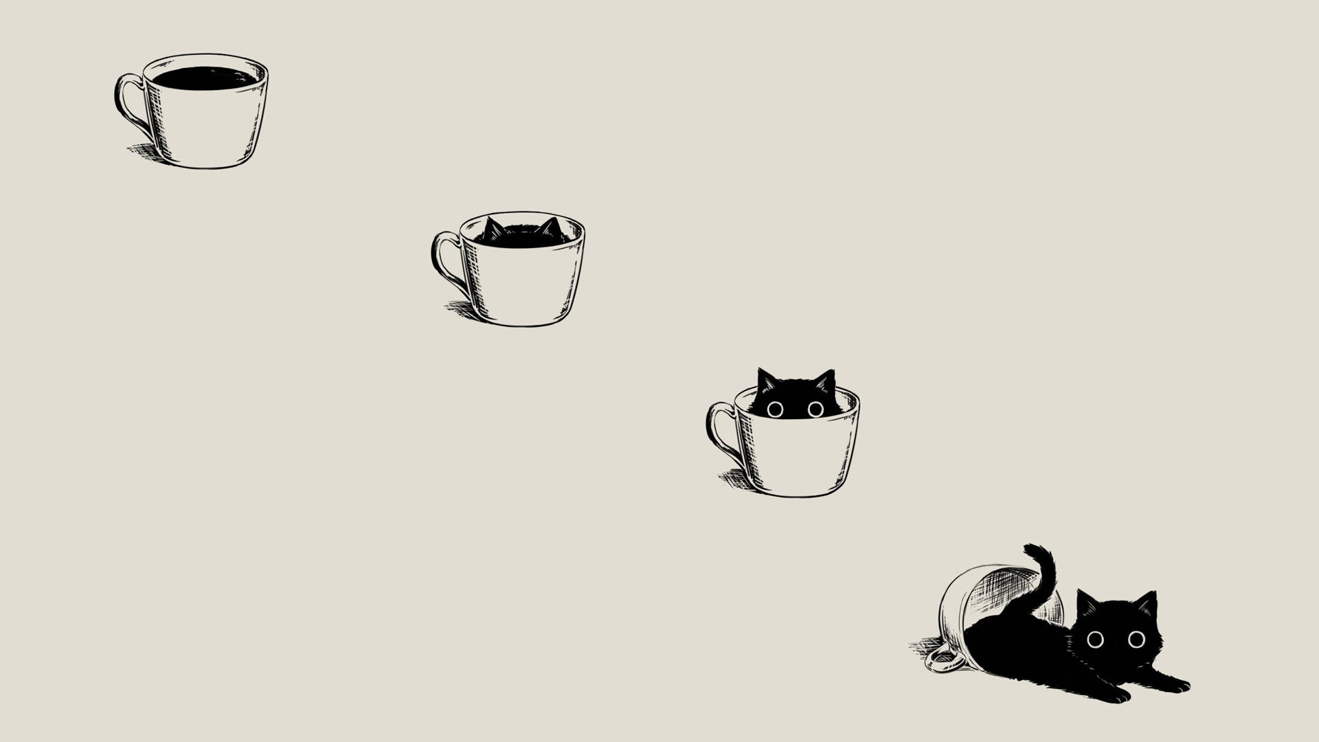 Pisică desenată care meditează asupra vieții pe o ceașcă de cafea Fundal