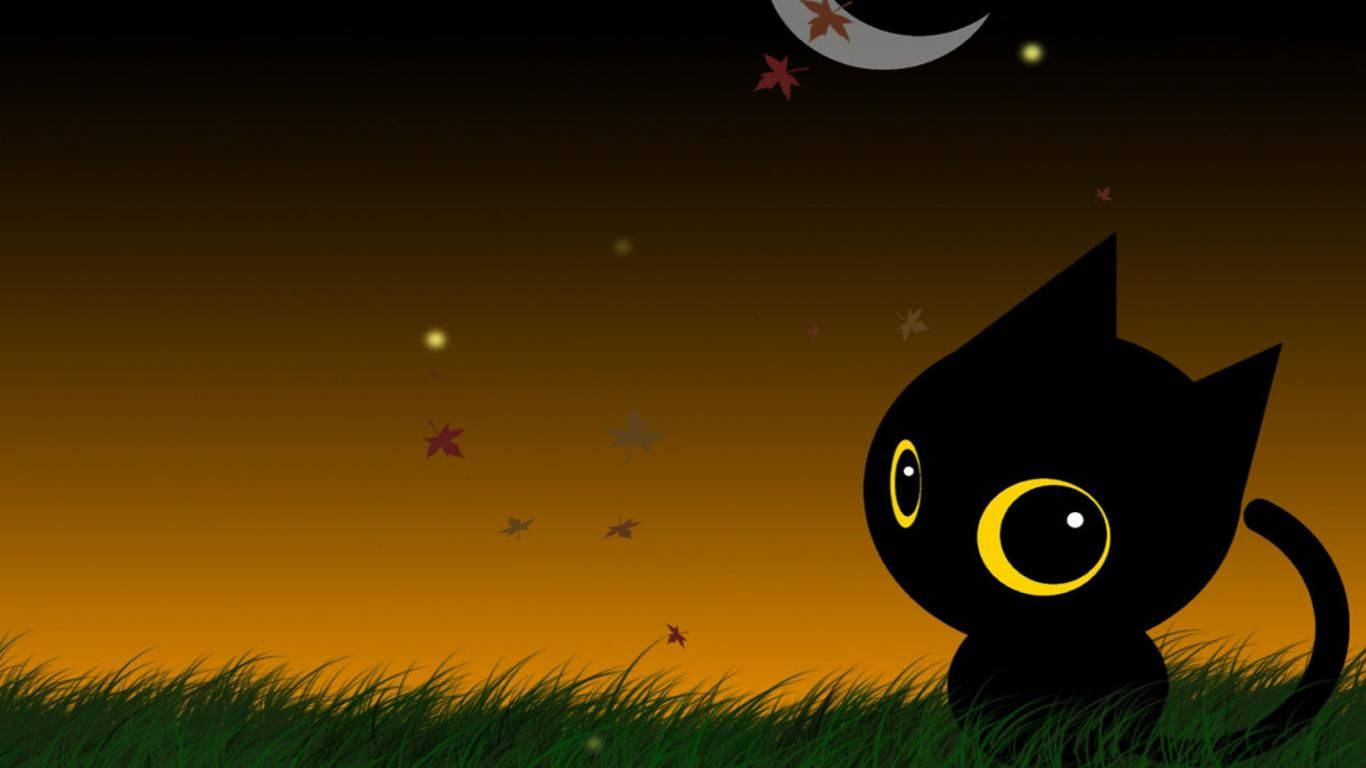 Pisică Kawaii de Halloween pe Iarbă Fundal