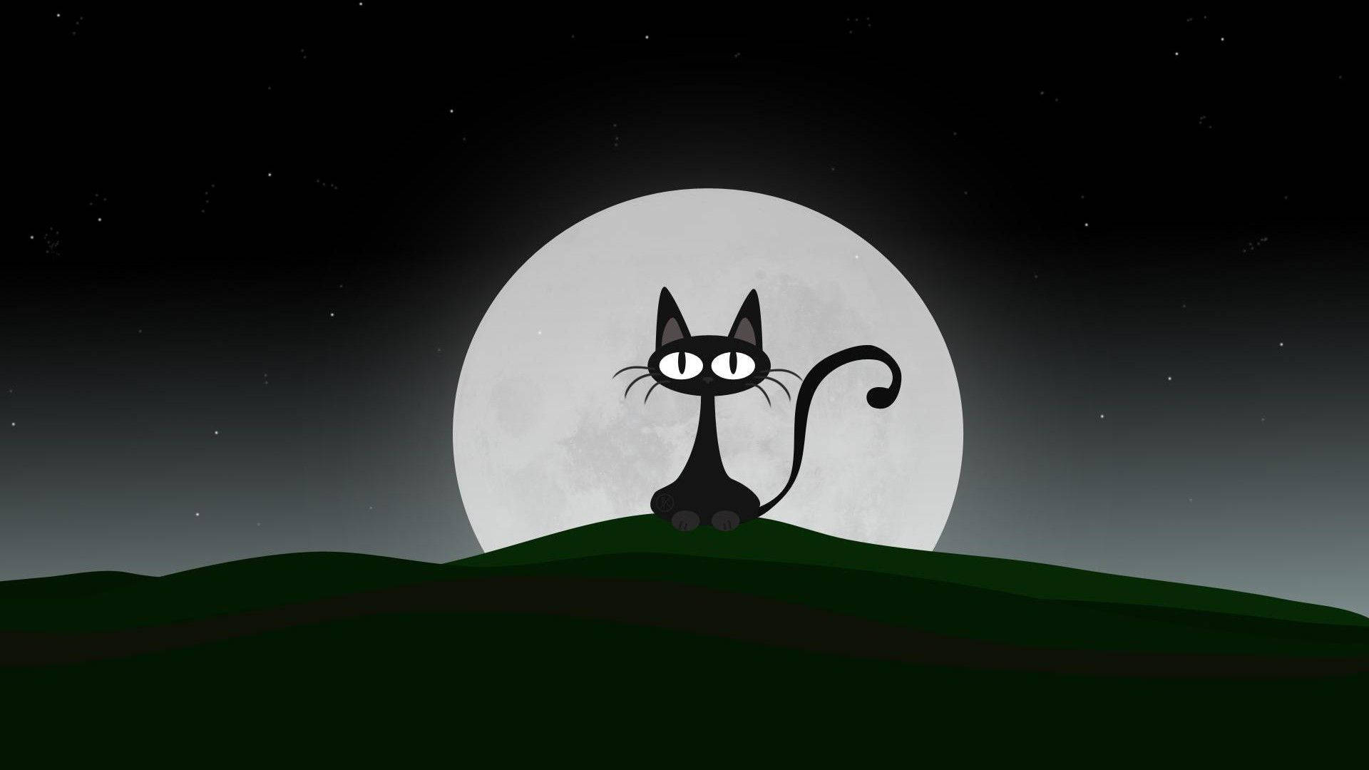 Pisică neagră de desen animat cu lună Fundal