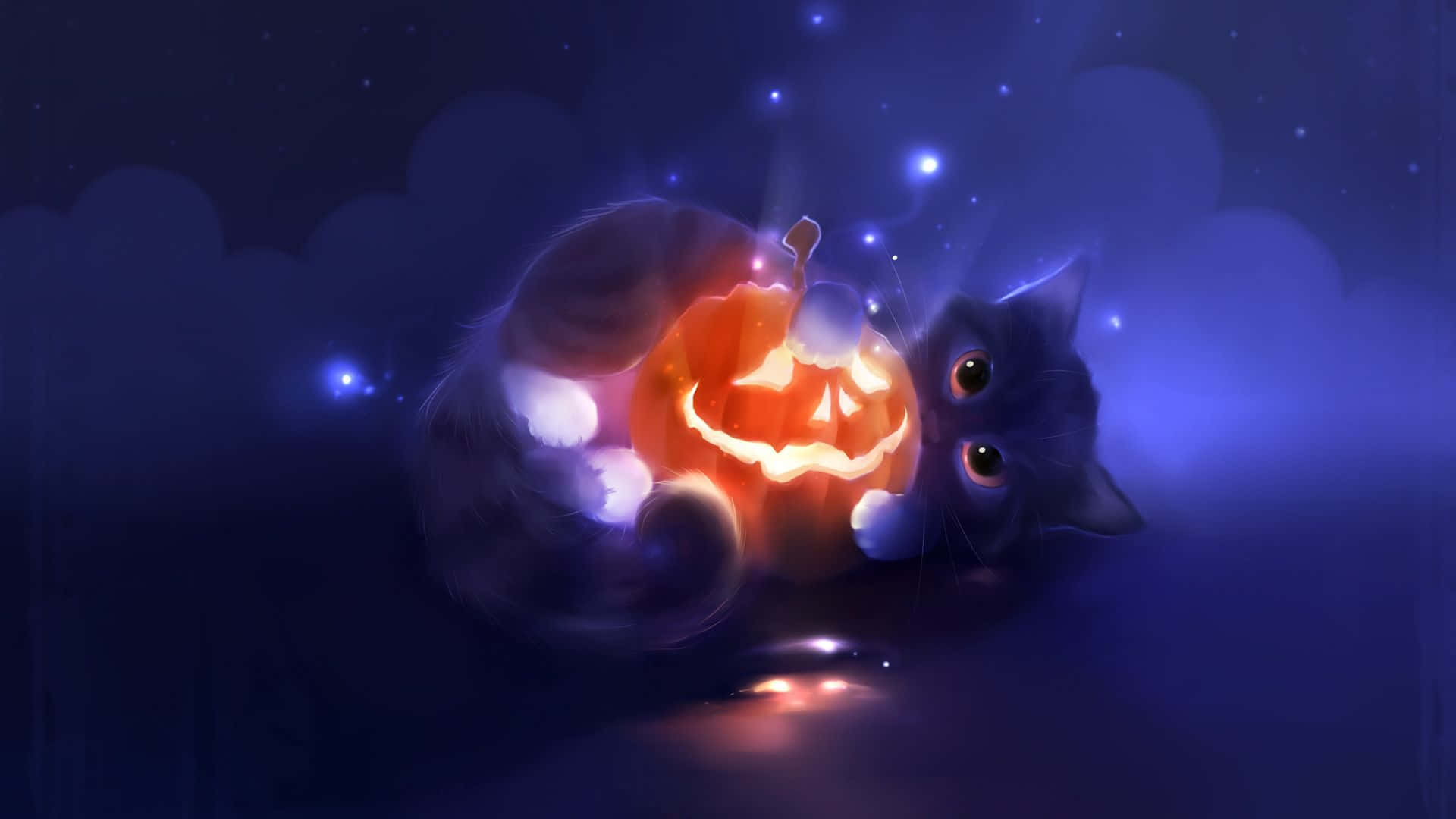 Pisică Neagră Drăguță Îmbrățișând un Dovleac de Halloween Fundal
