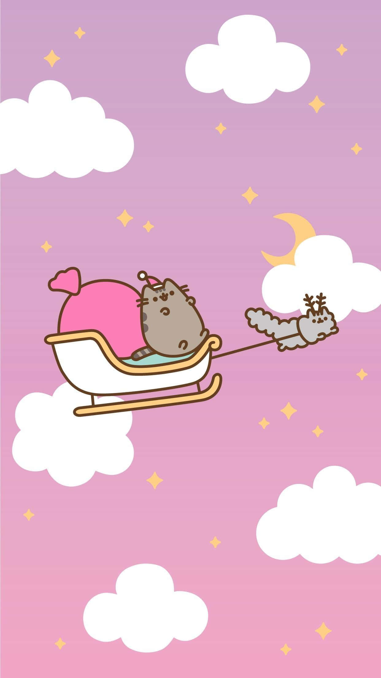 Pisica Pusheen în sanie roz de Crăciun Fundal