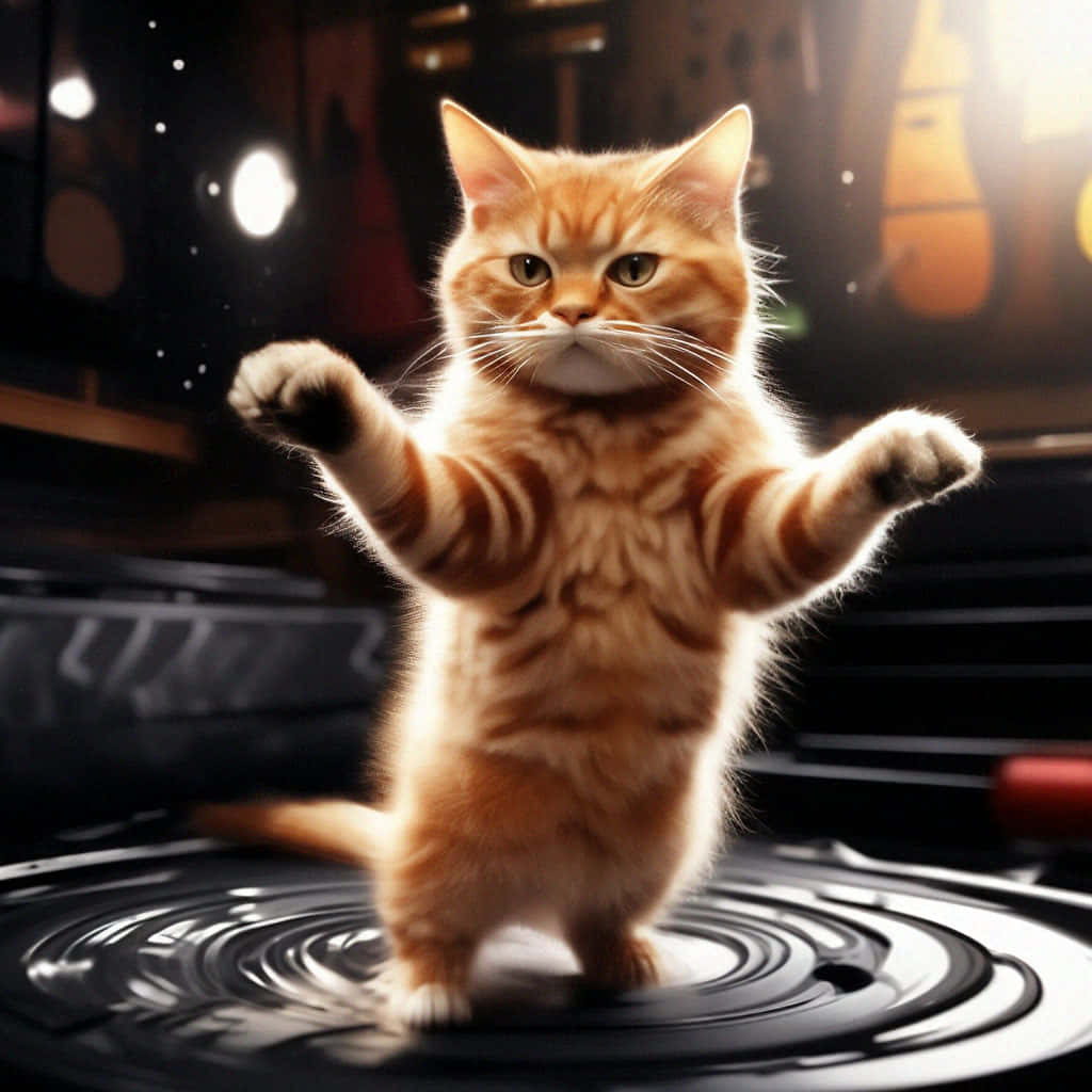 Pisică roșcată dansând pe un disc de vinil Fundal