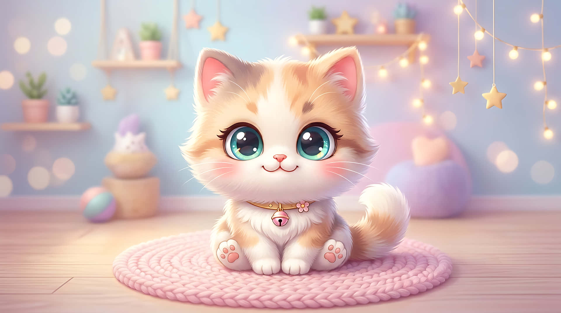 pisicuță, pisică, chibi, kawaii, drăguț, ilustrație, desen animat, pastel, animal de companie, animal, ochi mari, adorabil, luminițe de zână, confortabil, cameră, interior, artă digitală, randare 3D, dulce, pufos