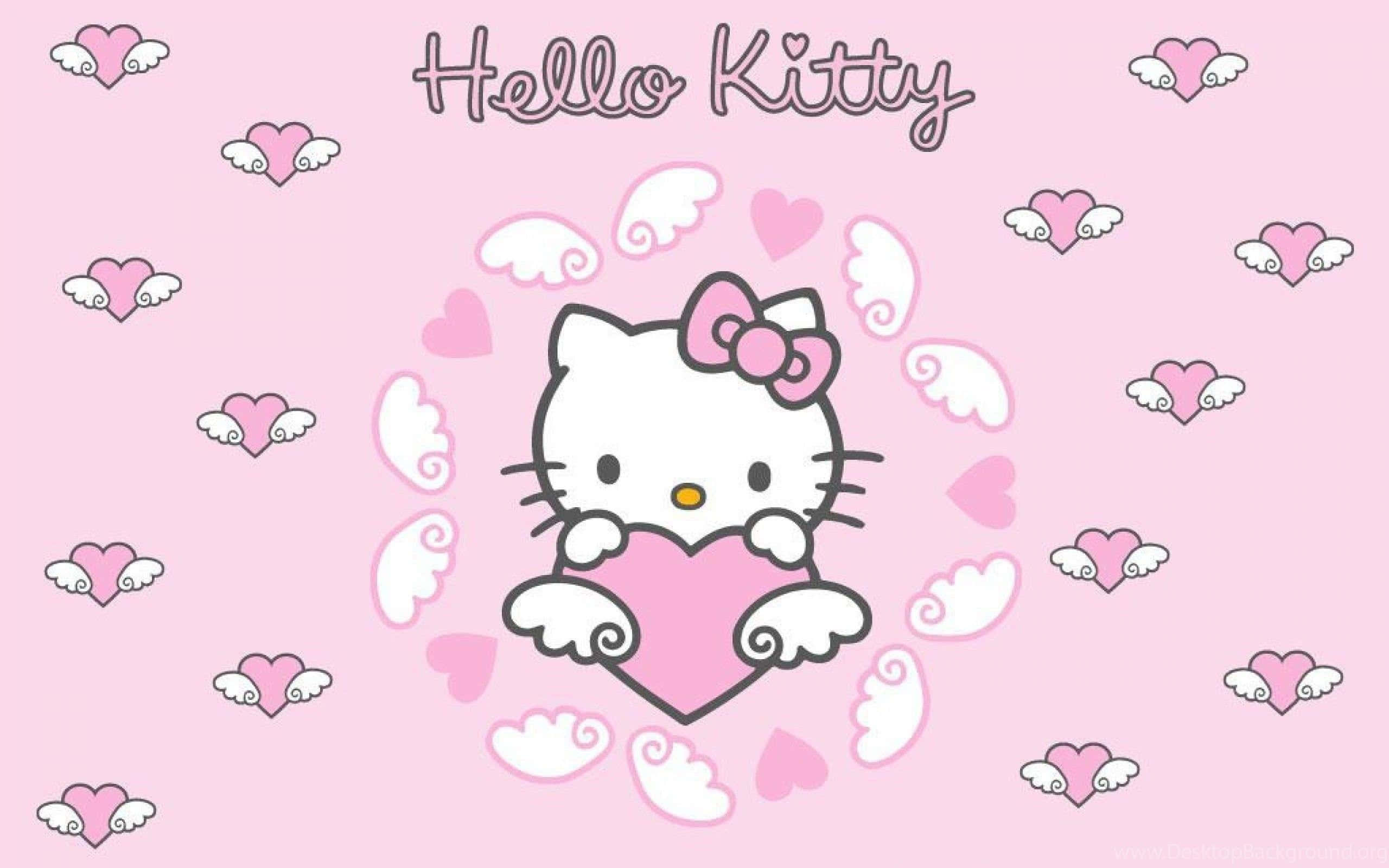 Pisicuță drăguță roz Hello Kitty cu aripi și inimă Fundal