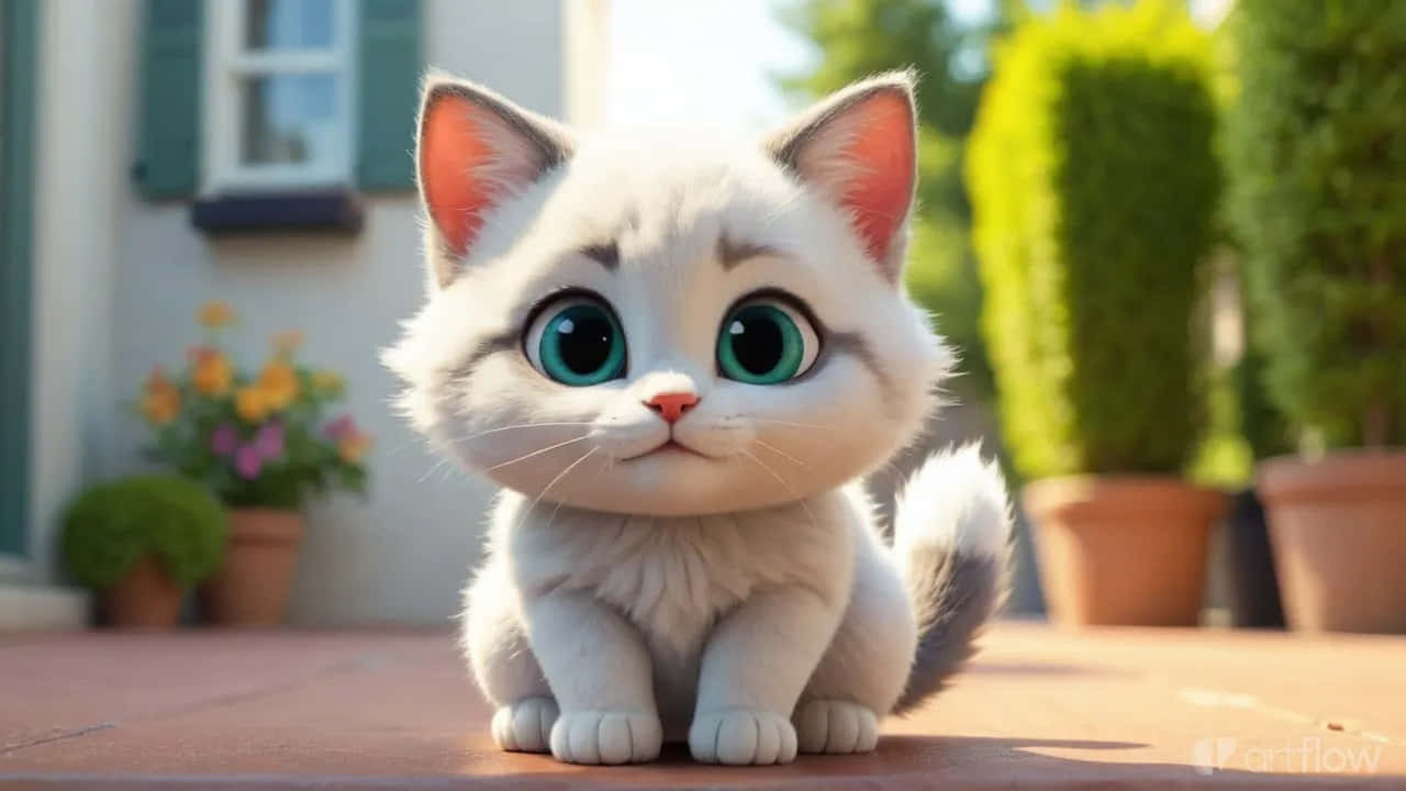 Pisică Drăguță Cu Ochii Mari Stând Afară – Pisică Stil 3D Adorabilă Fundal