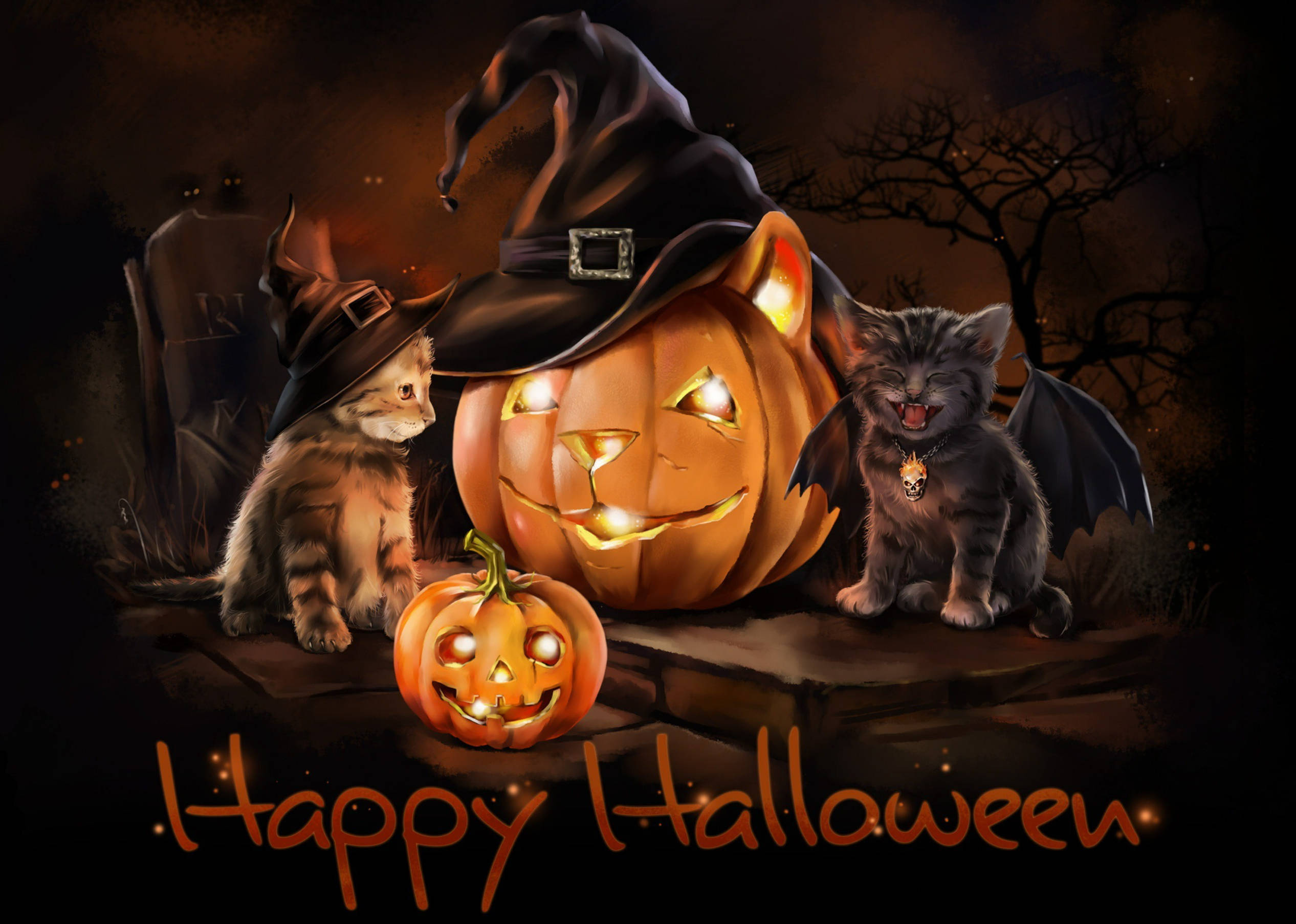 Pisoi Drăguți de Halloween cu Jack O' Lanterns Fundal