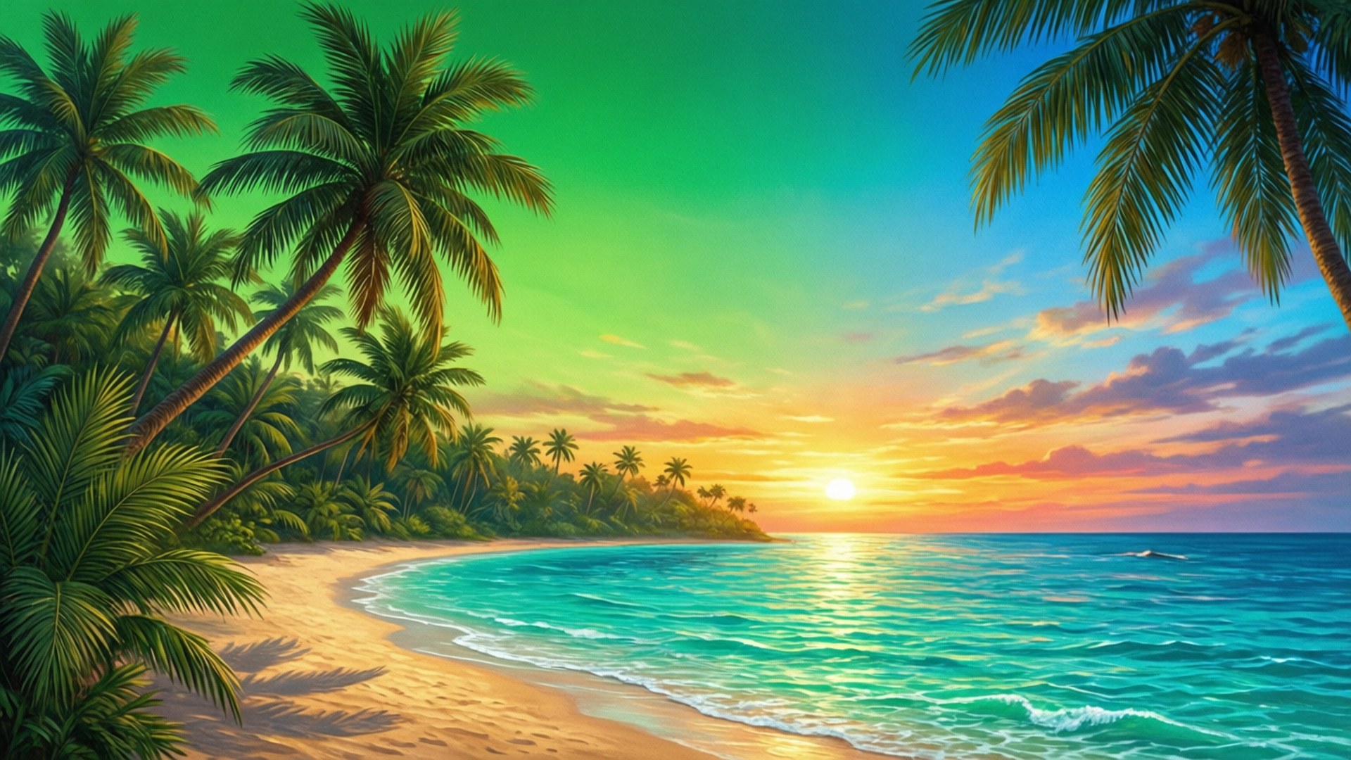 Plajă tropicală cu cer verde Fundal
