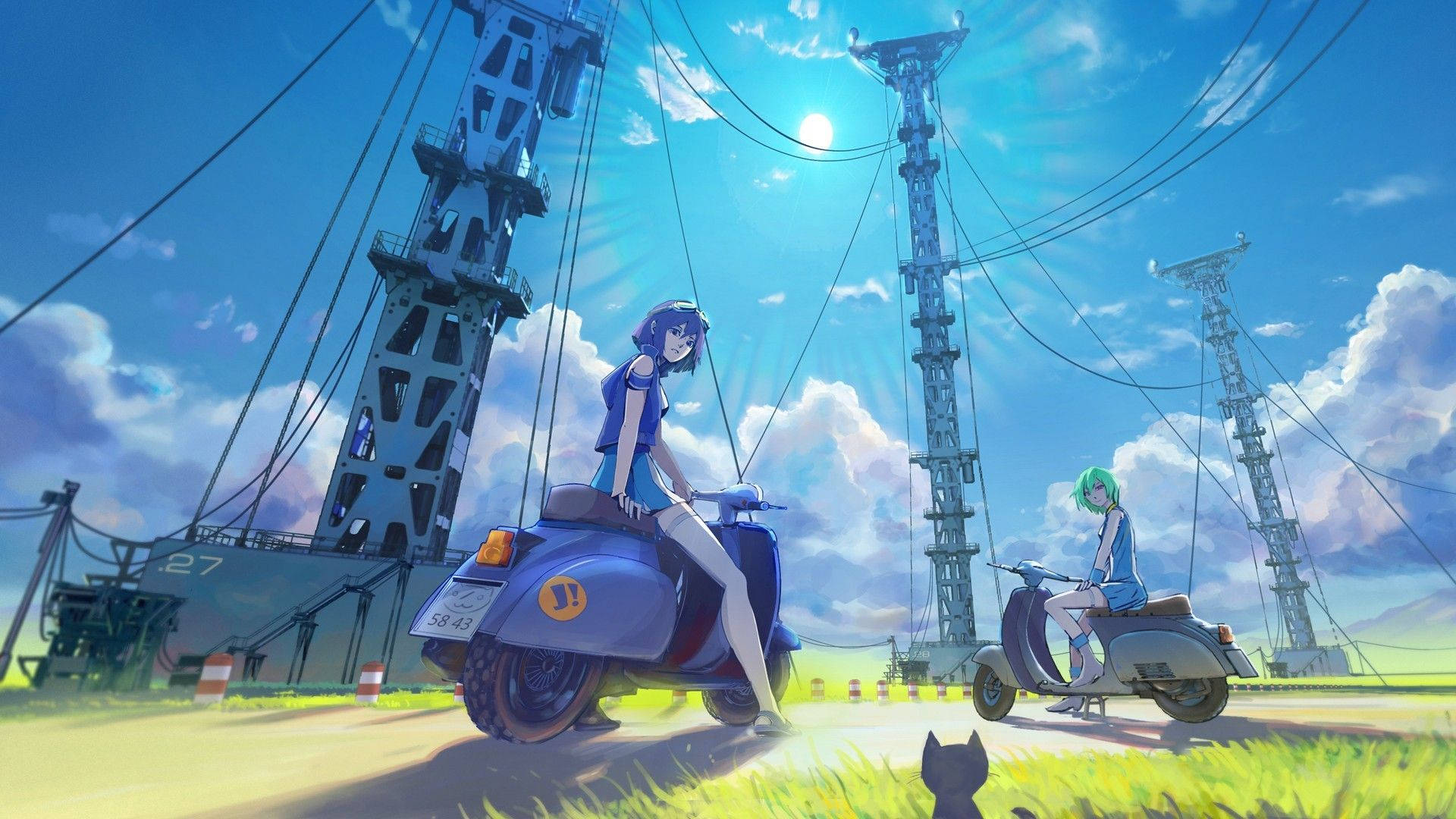 Plin de liniște peisaj anime cu linii electrice Fundal