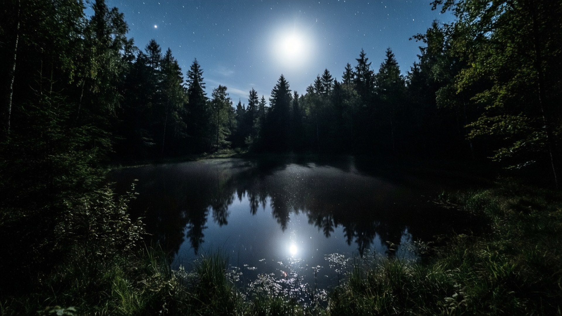 Poiană cu iaz în lumina lunii Fundal