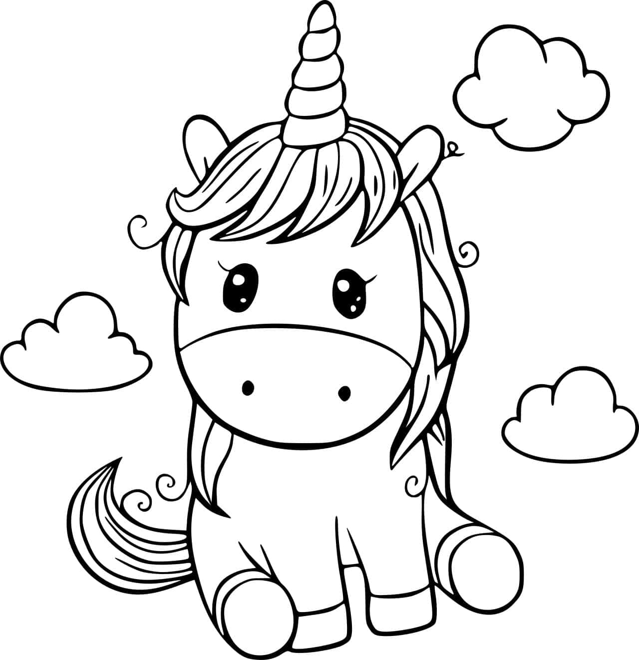 Poza de colorat cu un pui de unicorn așezat Fundal