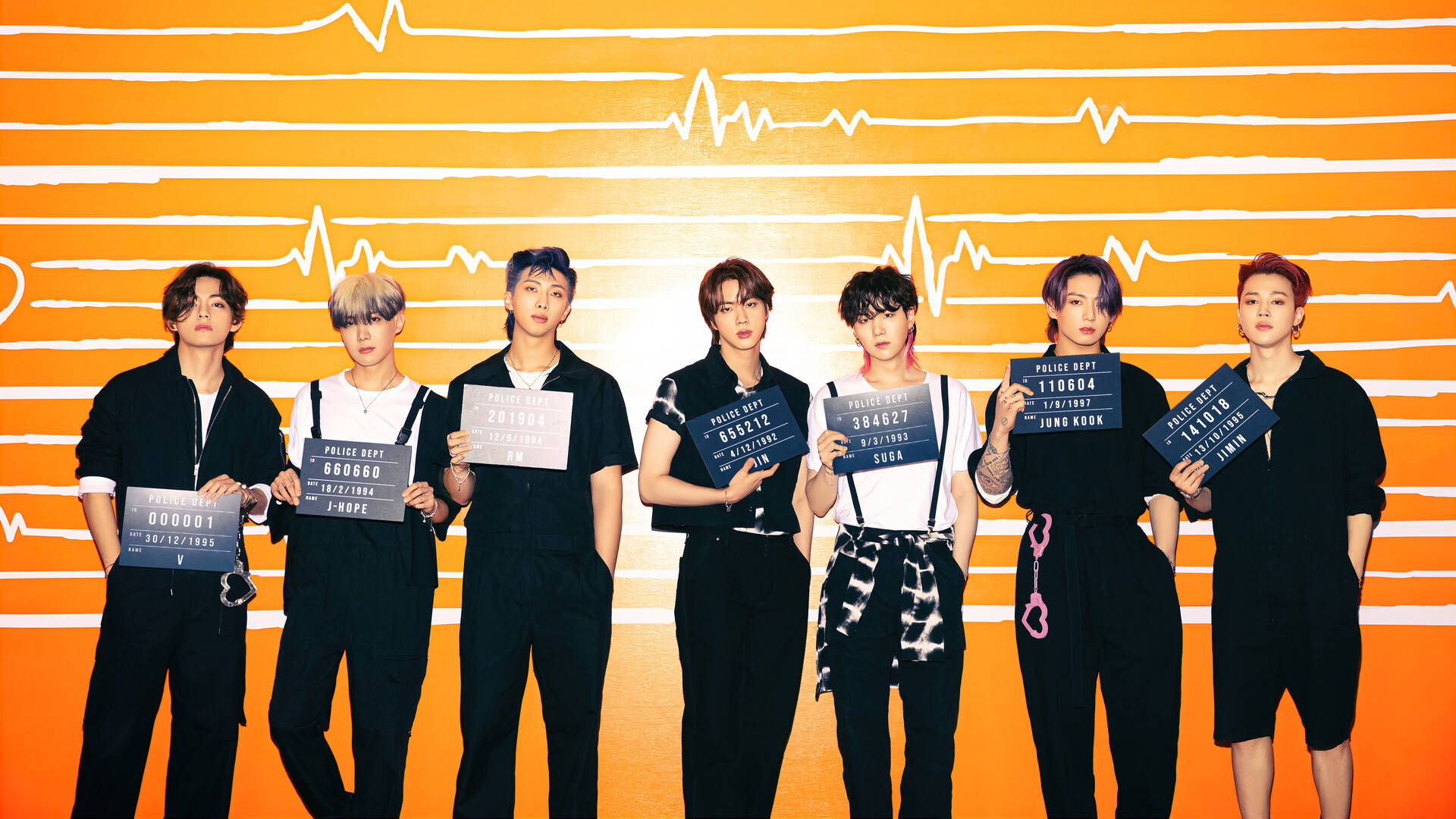 Poză de grup BTS în stil mugshot Fundal