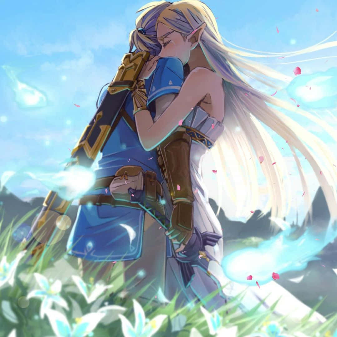 Prințesa Zelda și Link îmbrățișându-se BOTW Fundal