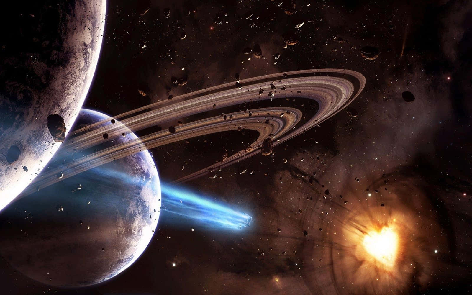 Priveliște spectaculoasă a spațiului cosmic cu planete, stele și nebuloasă Fundal