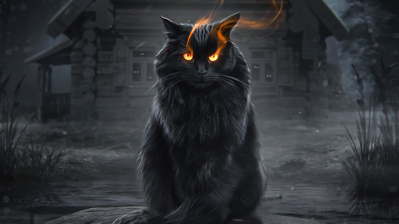Privire Fascinantă - Ochi de Pisică Neagră Persană, Luminați de Foc Fundal