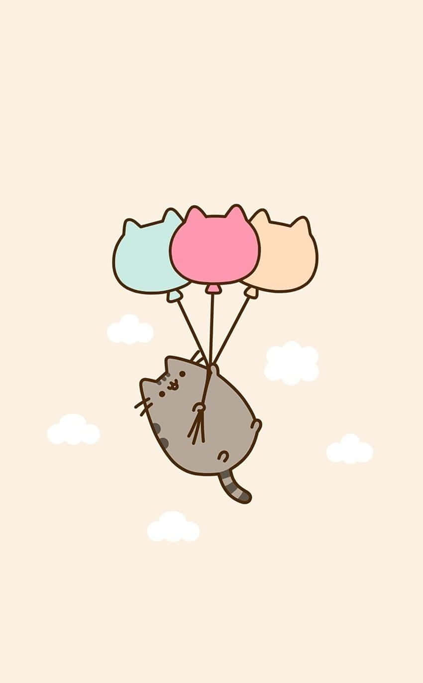 Pusheen Kawaii Drăguță cu Baloane Fundal