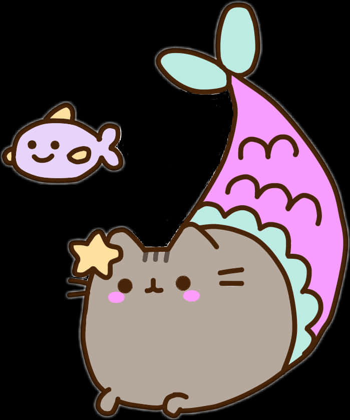 Pusheen Sirena și Prietenul Pește Fundal
