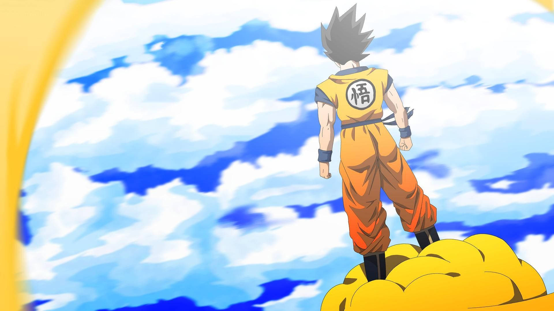 Dragon Ball Z stând pe un nor galben privind planeta Namek, personajul super saiyan al popularului anime. — Goku Fundal