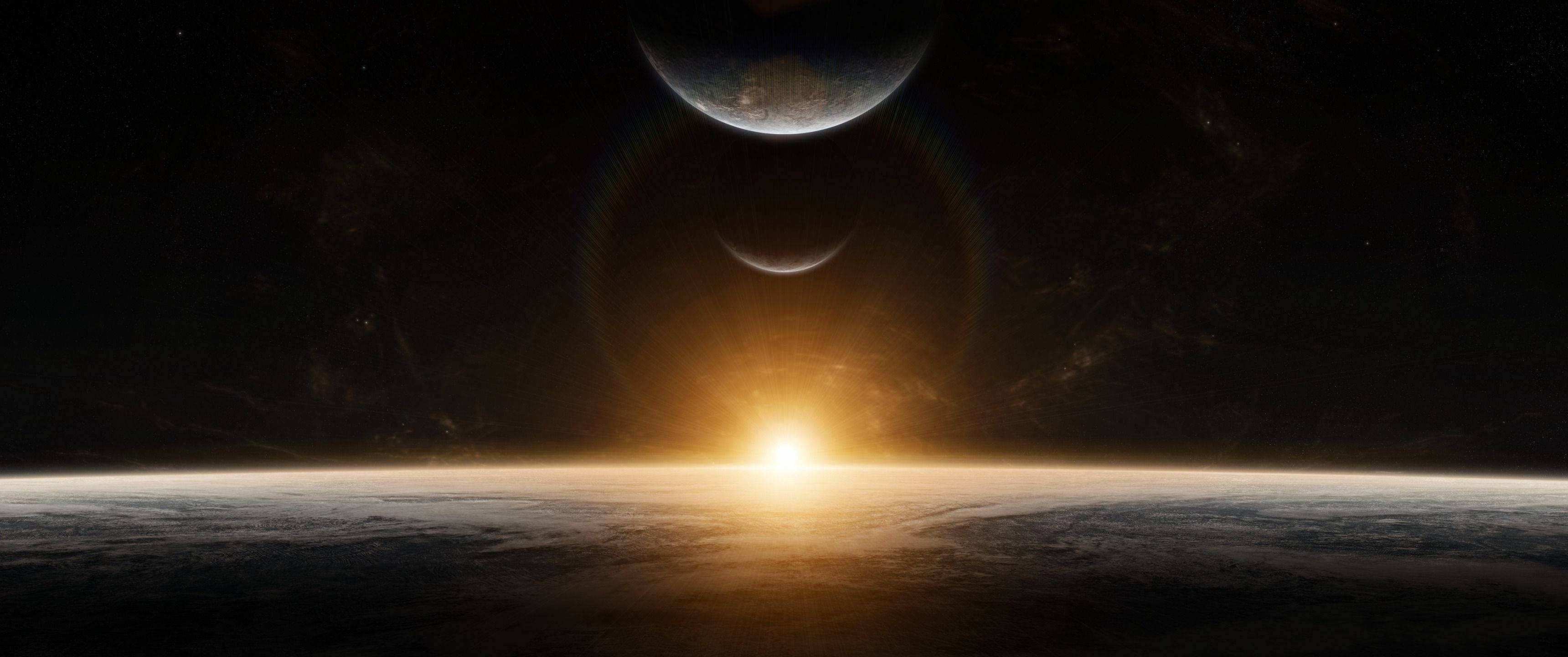 Răsărit spațial iluminând planetele Fundal