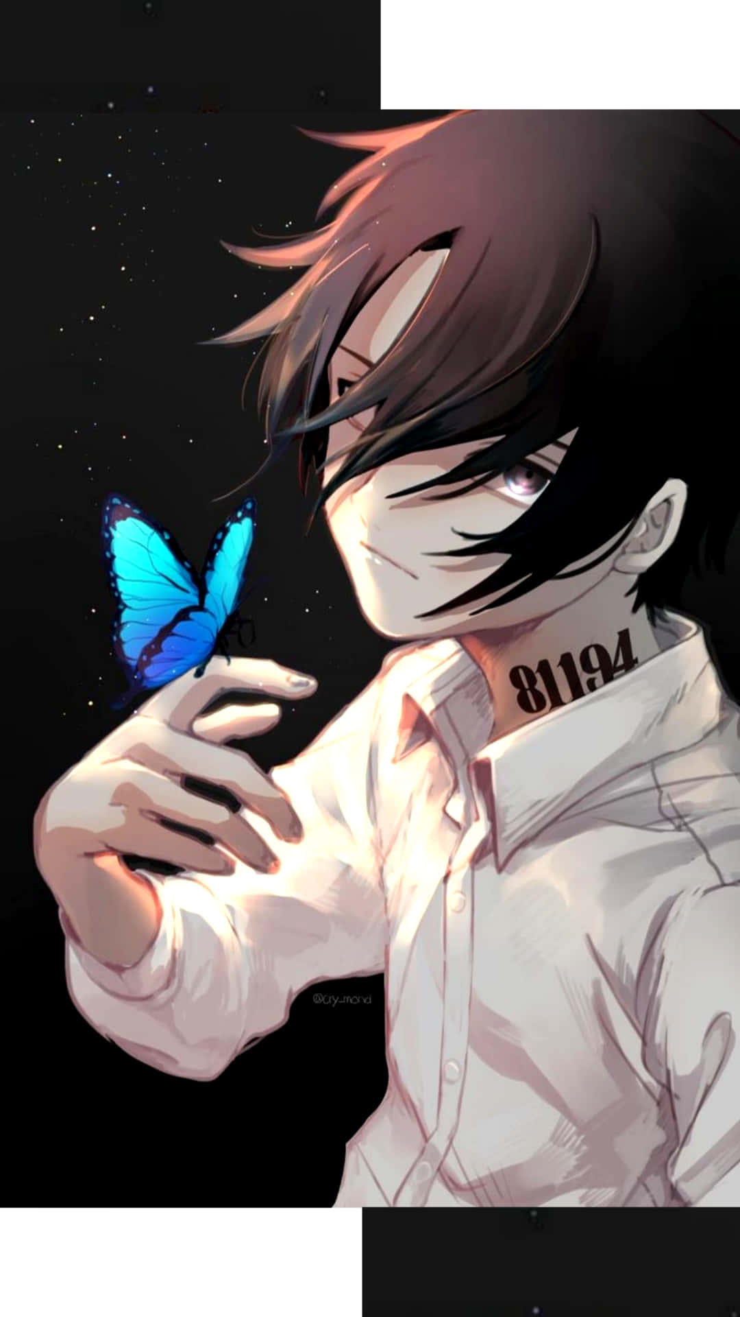 Ray din The Promised Neverland cu un fluture albastru Fundal