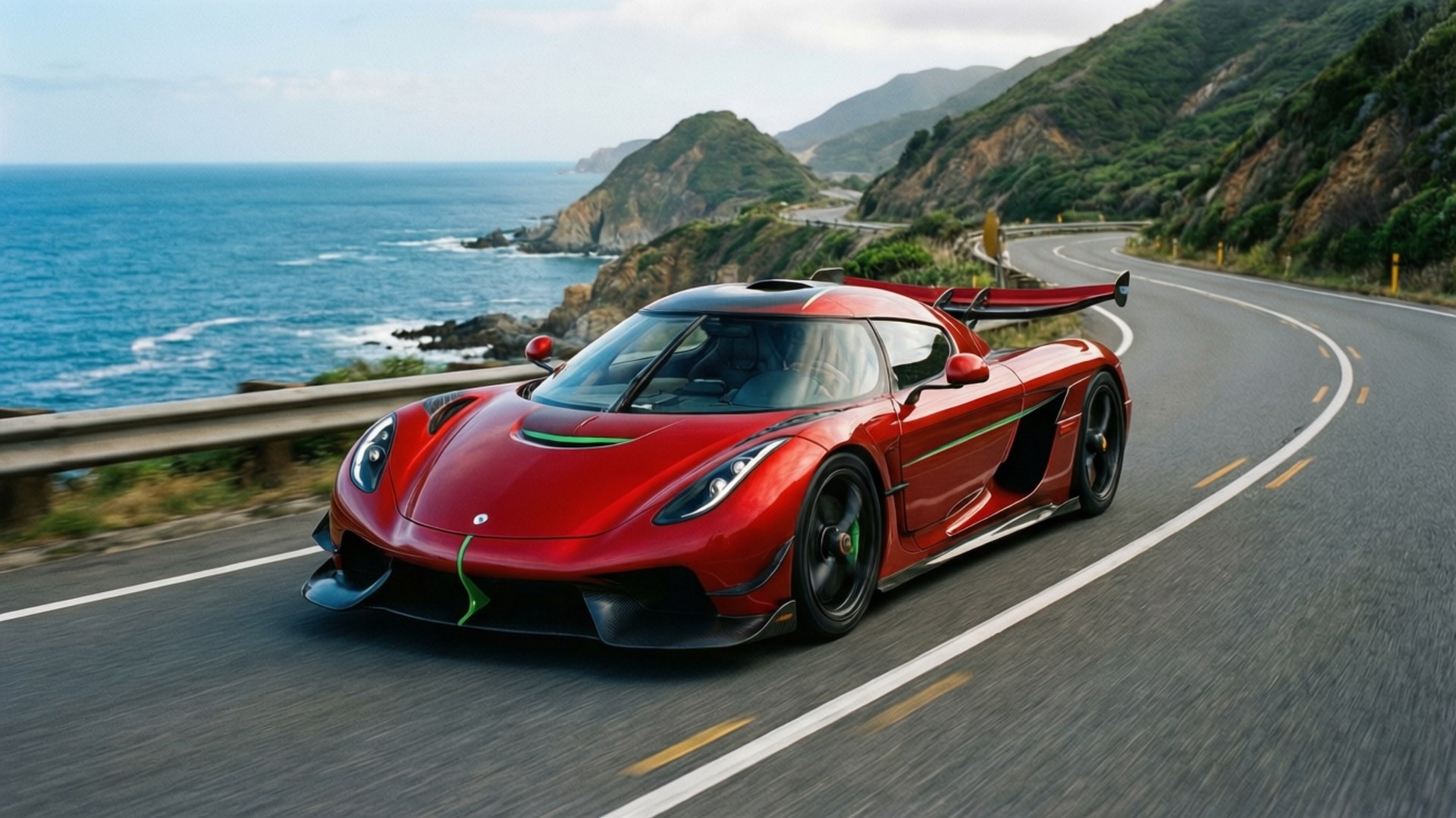 Un Koenigsegg Regera roșu străbate o curbă de coastă, cu ocean și dealuri.