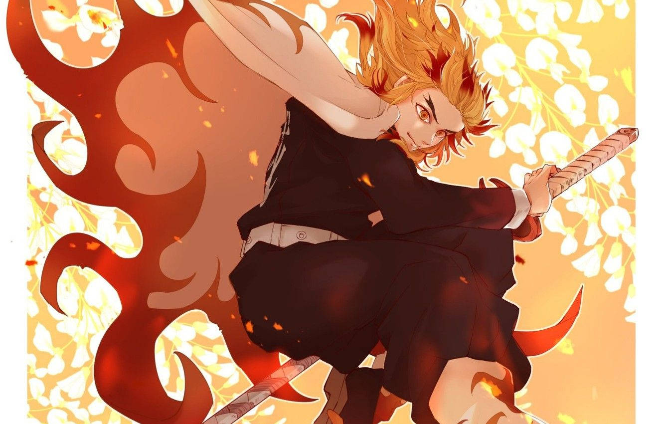 Fundal de ecran Demon Slayer cu Hashira Focului Kyojuro Rengoku ținând marginea săbiei — Demon Slayer Fundal