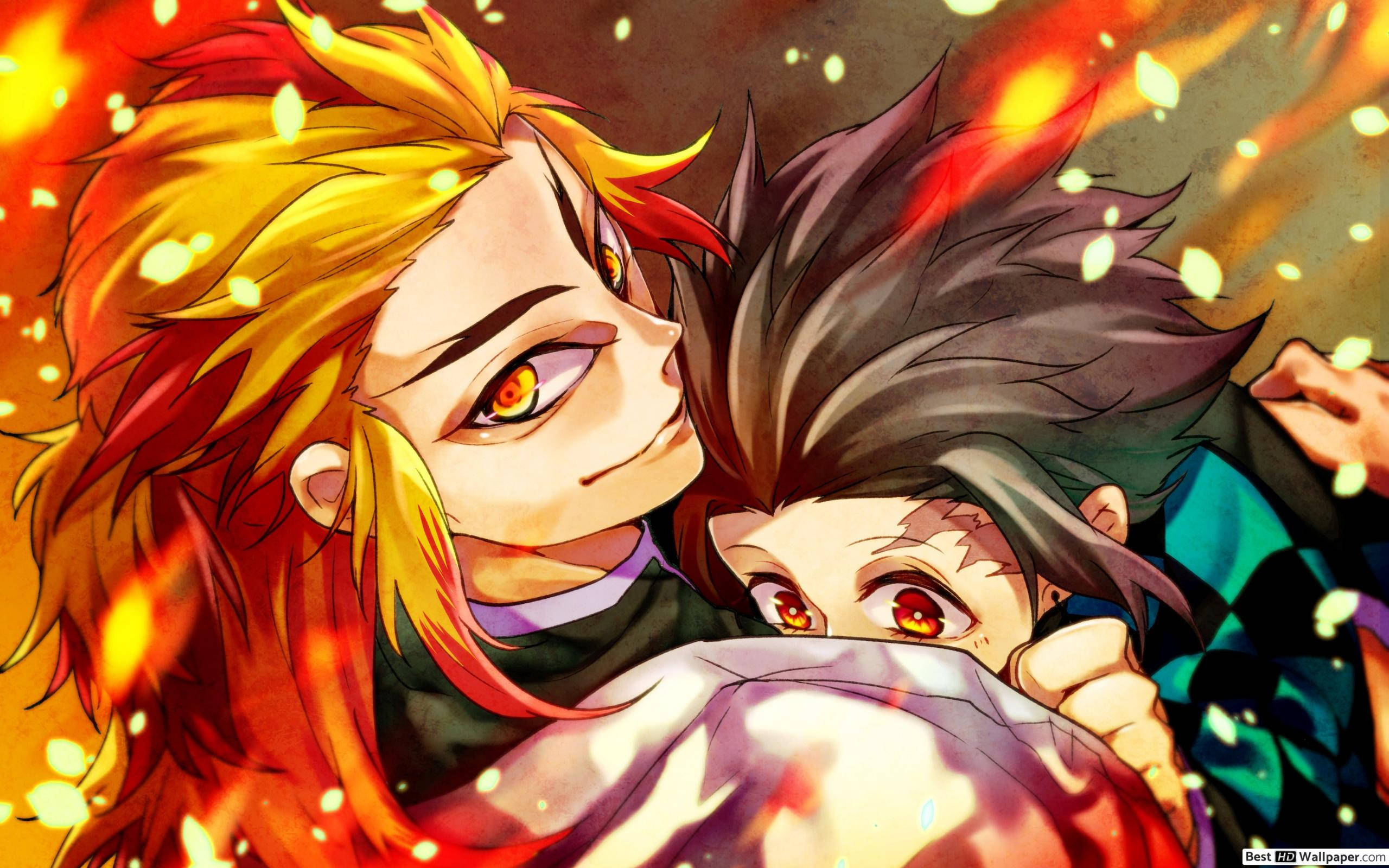 Rengoku și Tanjiro – Personaje Demon Slayer luptând împotriva răului Fundal