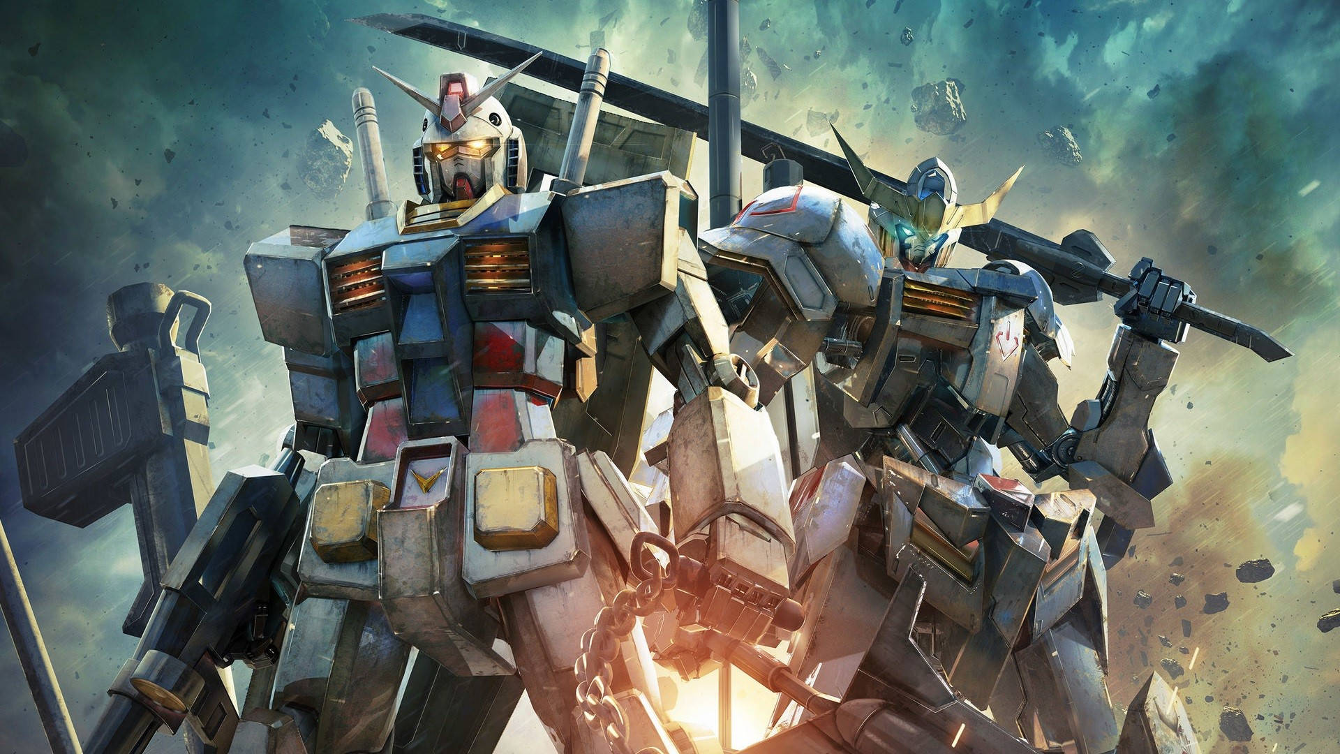 Roboți Gundam ținându-și armele Fundal