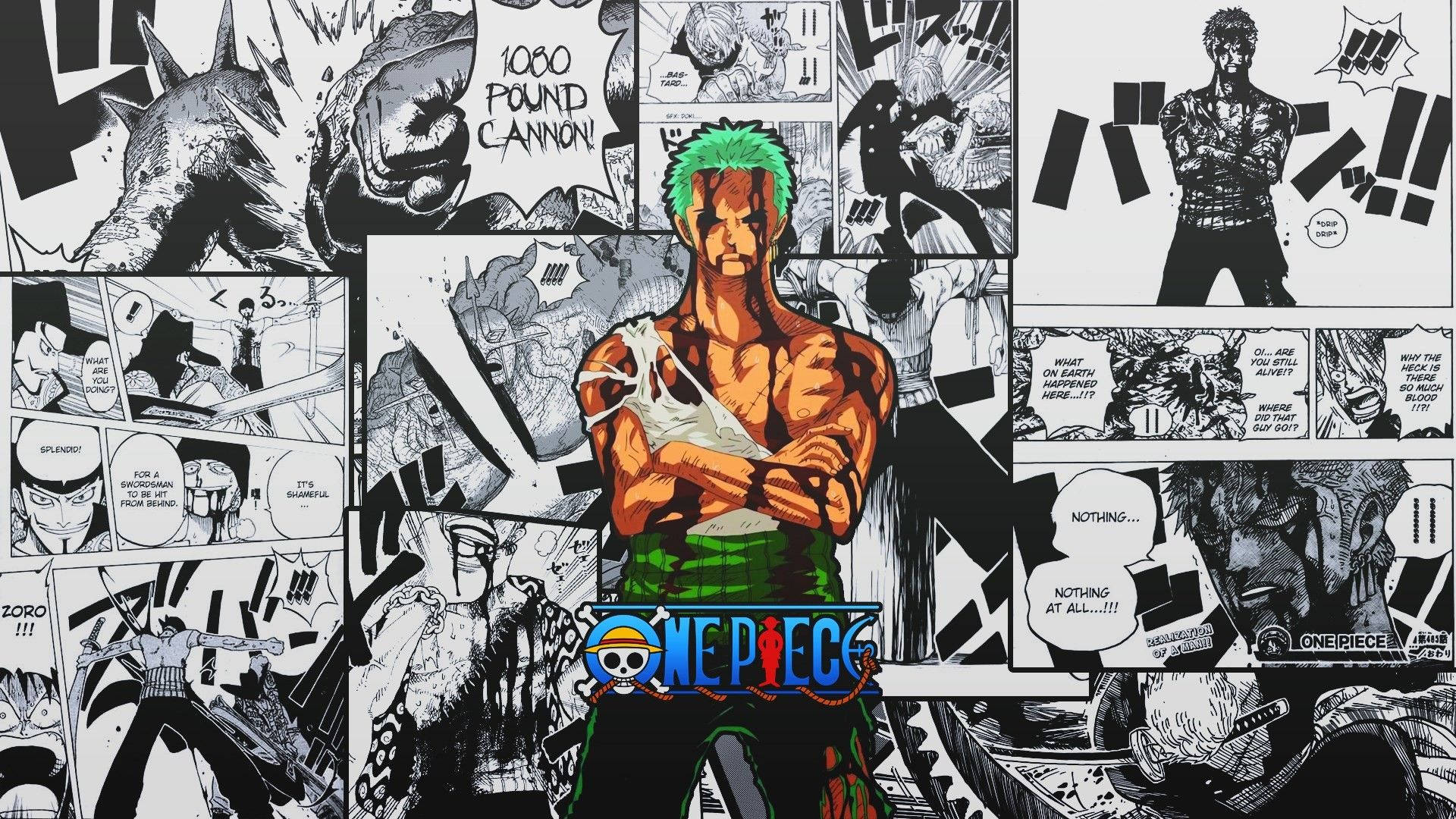 Zoro însângerat printre pagini de manga alb-negru cu el însuși, wallpaper One Piece. — One Piece Fundal
